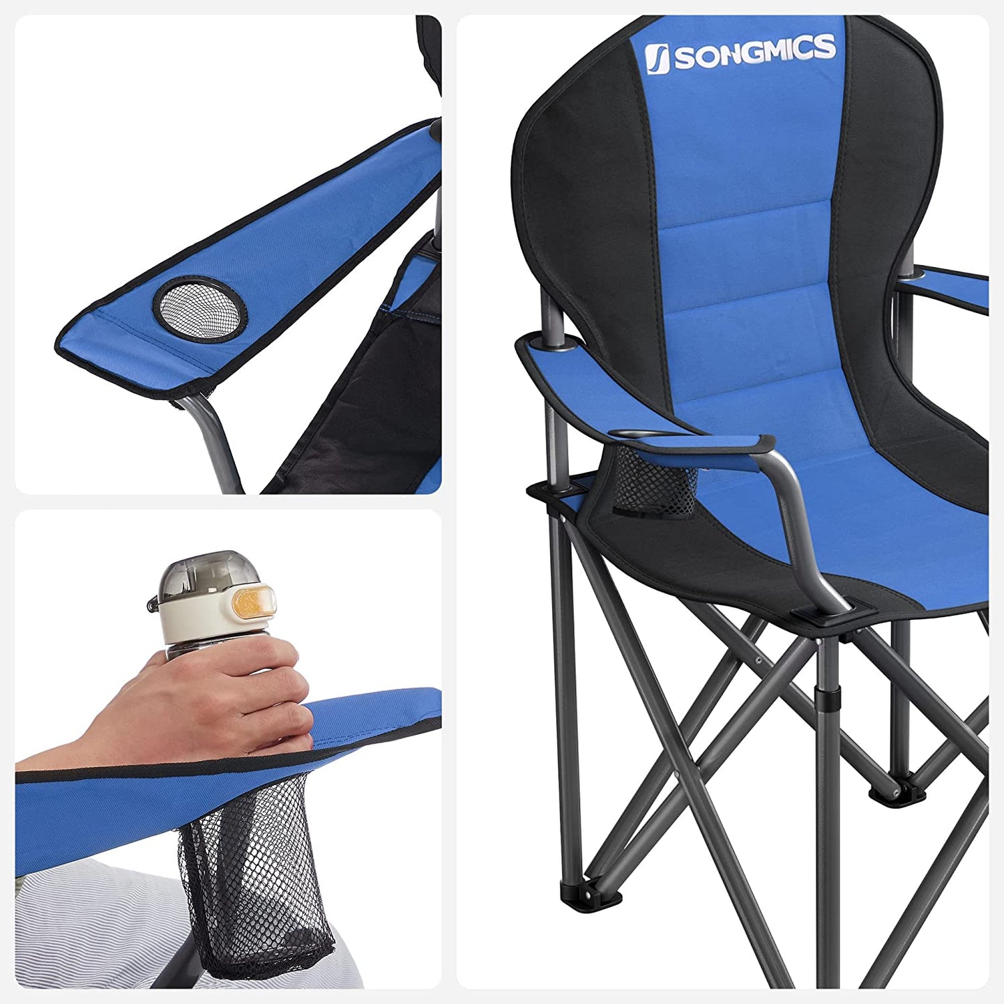 Foldable Camping Chair - Fabric - Black - 250 kg Load Capacity with Cup Holder