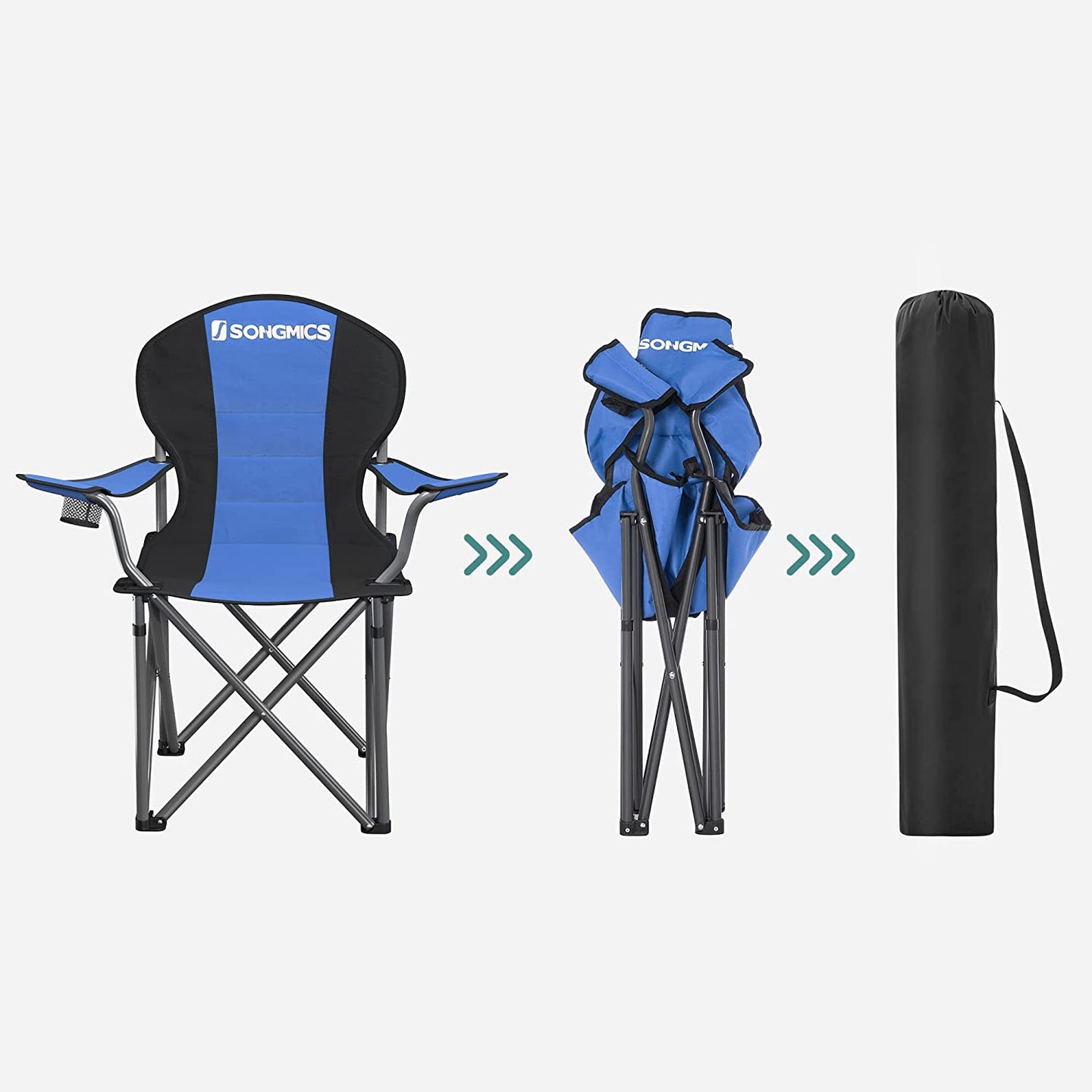 Foldable Camping Chair - Fabric - Black - 250 kg Load Capacity with Cup Holder
