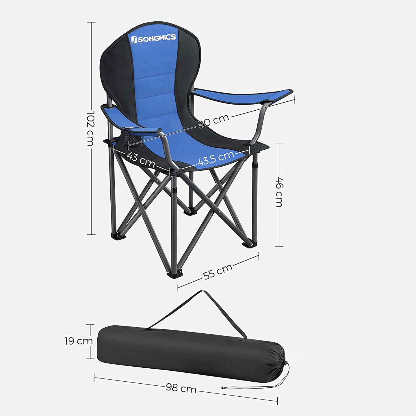 Foldable Camping Chair - Fabric - Black - 250 kg Load Capacity with Cup Holder