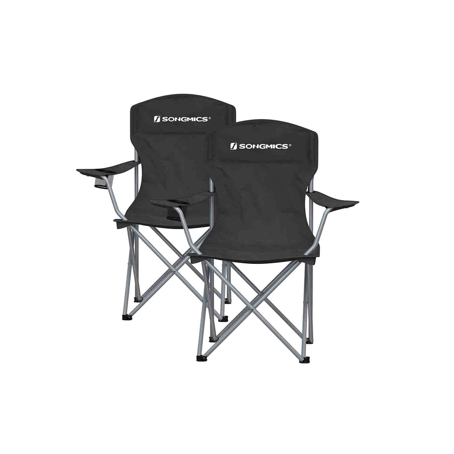 Set of 2 Foldable Camping Chairs - Sturdy Metal Frame - Black - Comfortable with Bottle Holder