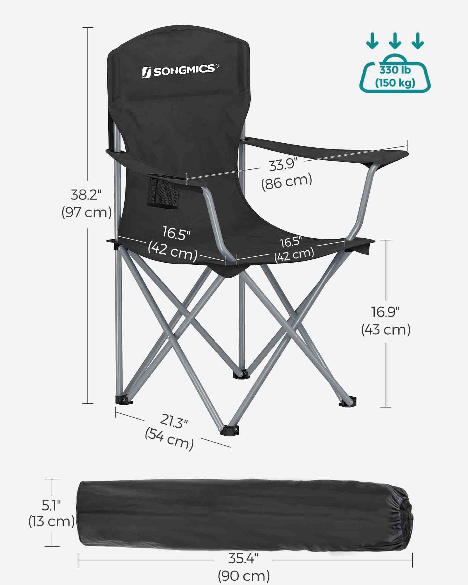 Set of 2 Folding Camping Chairs - Black - Sturdy Frame