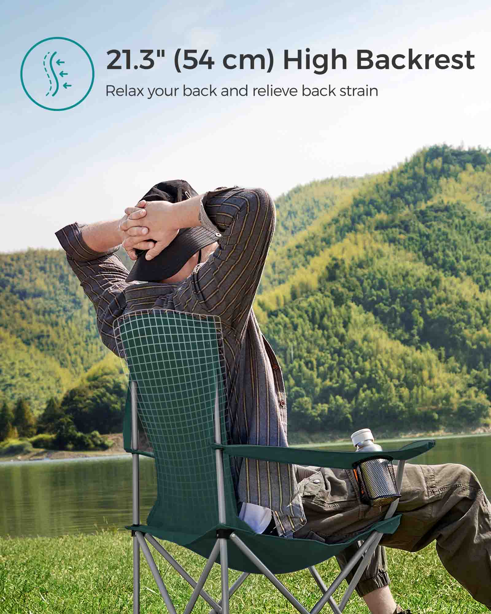 Set of 2 Foldable Camping Chairs - Sturdy Metal Frame - Black - Comfortable with Bottle Holder