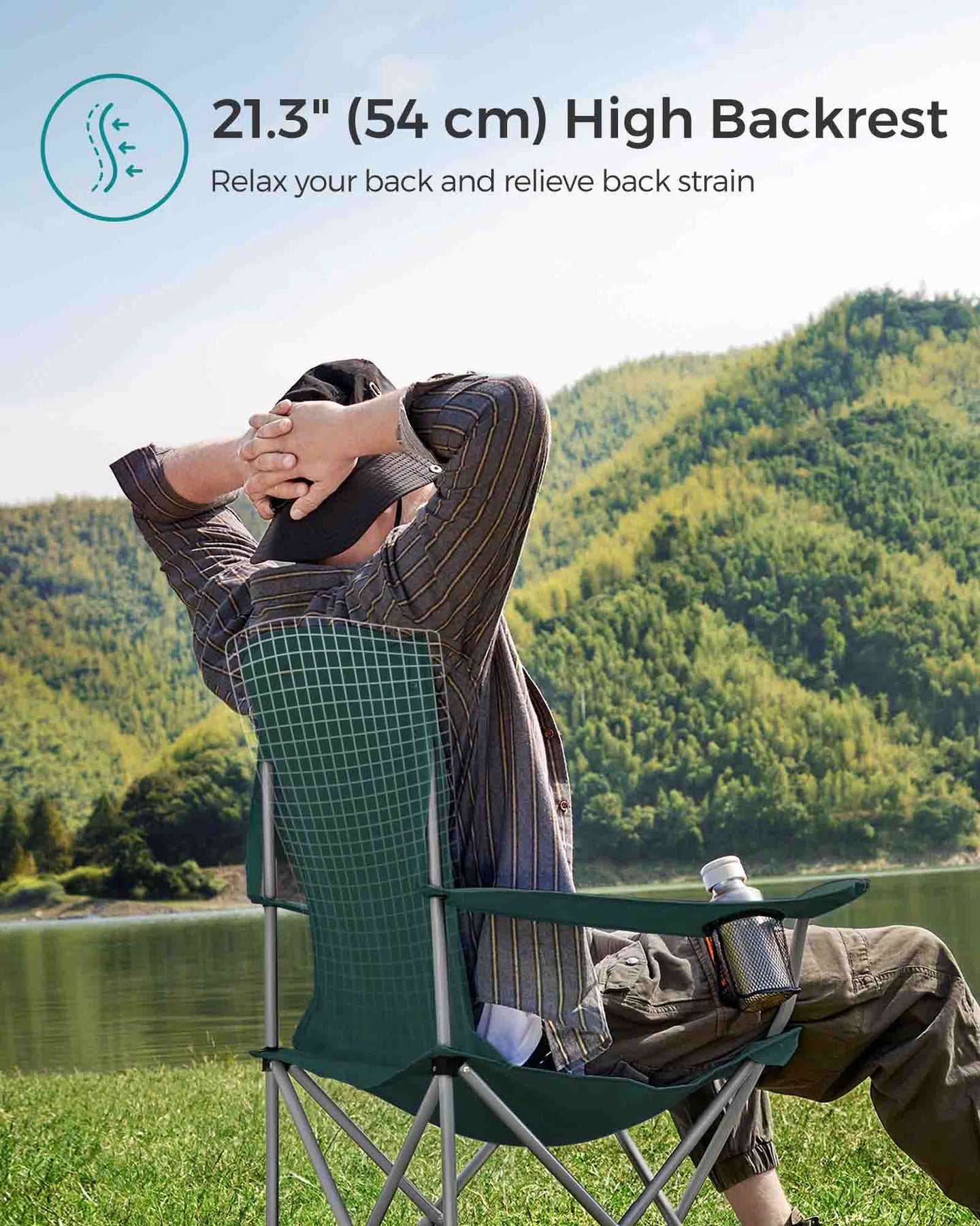 Set of 2 Foldable Camping Chairs - Sturdy Metal Frame - Black - Comfortable with Bottle Holder