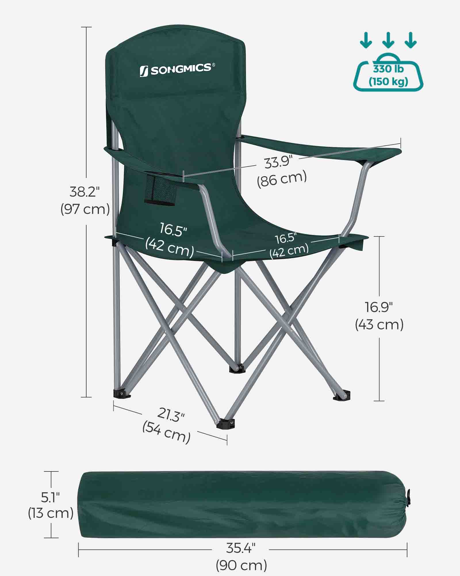 Set of 2 Foldable Camping Chairs - Sturdy Metal Frame - Black - Comfortable with Bottle Holder