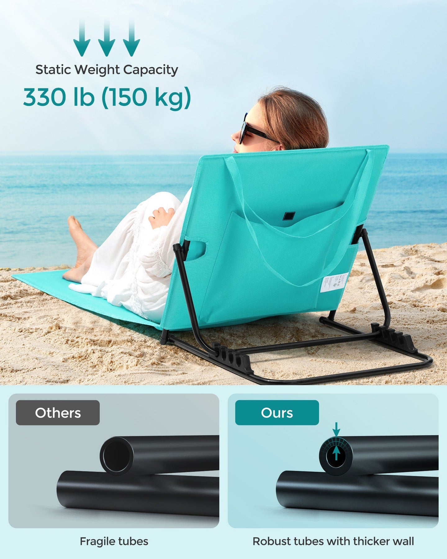 Folding Beach Sunlounger - Fabric - Lake Blue - Lightweight Portable with Handle