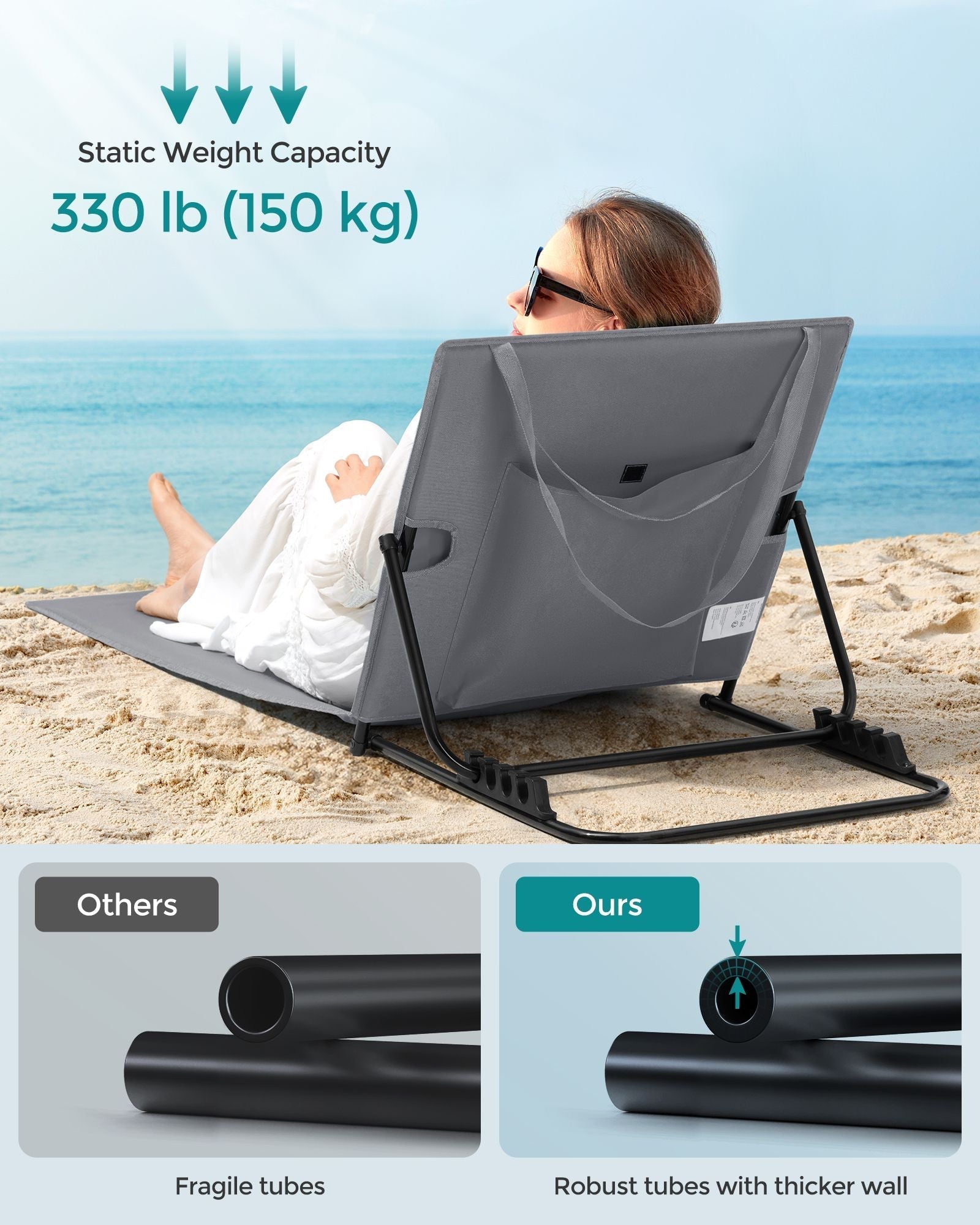 Folding Beach Sunlounger - Lightweight Fabric - Slate Grey - Portable with Reclining Backrest and Handle