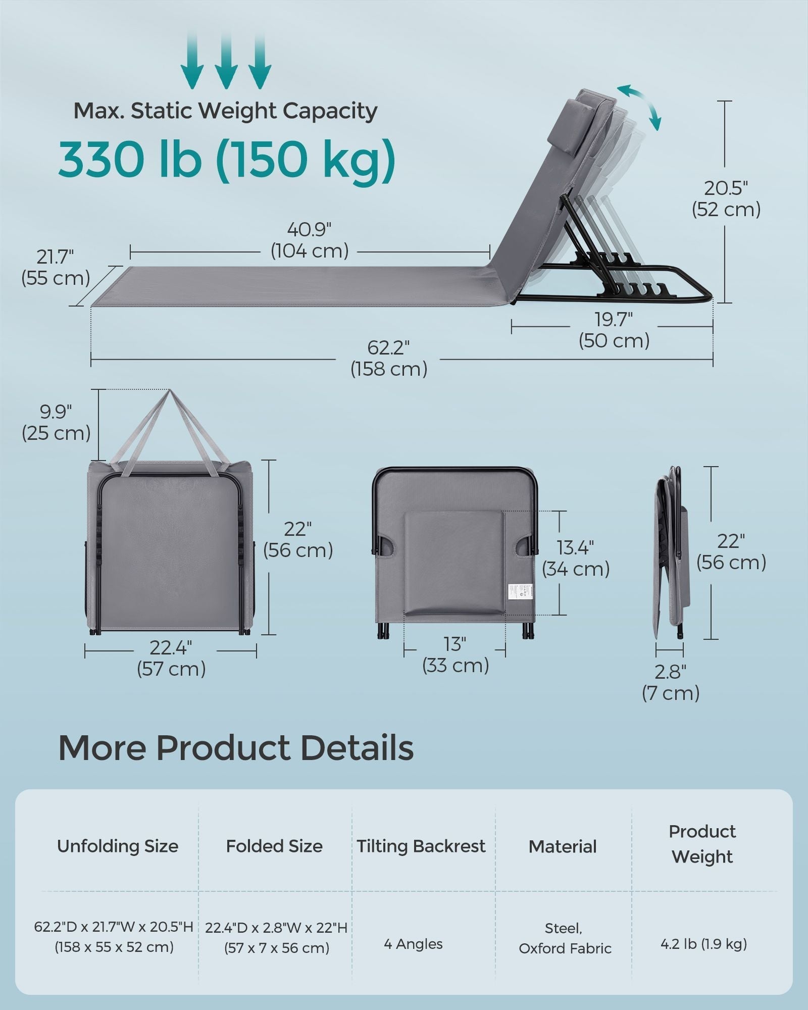 Folding Beach Sunlounger - Lightweight Fabric - Slate Grey - Portable with Reclining Backrest and Handle