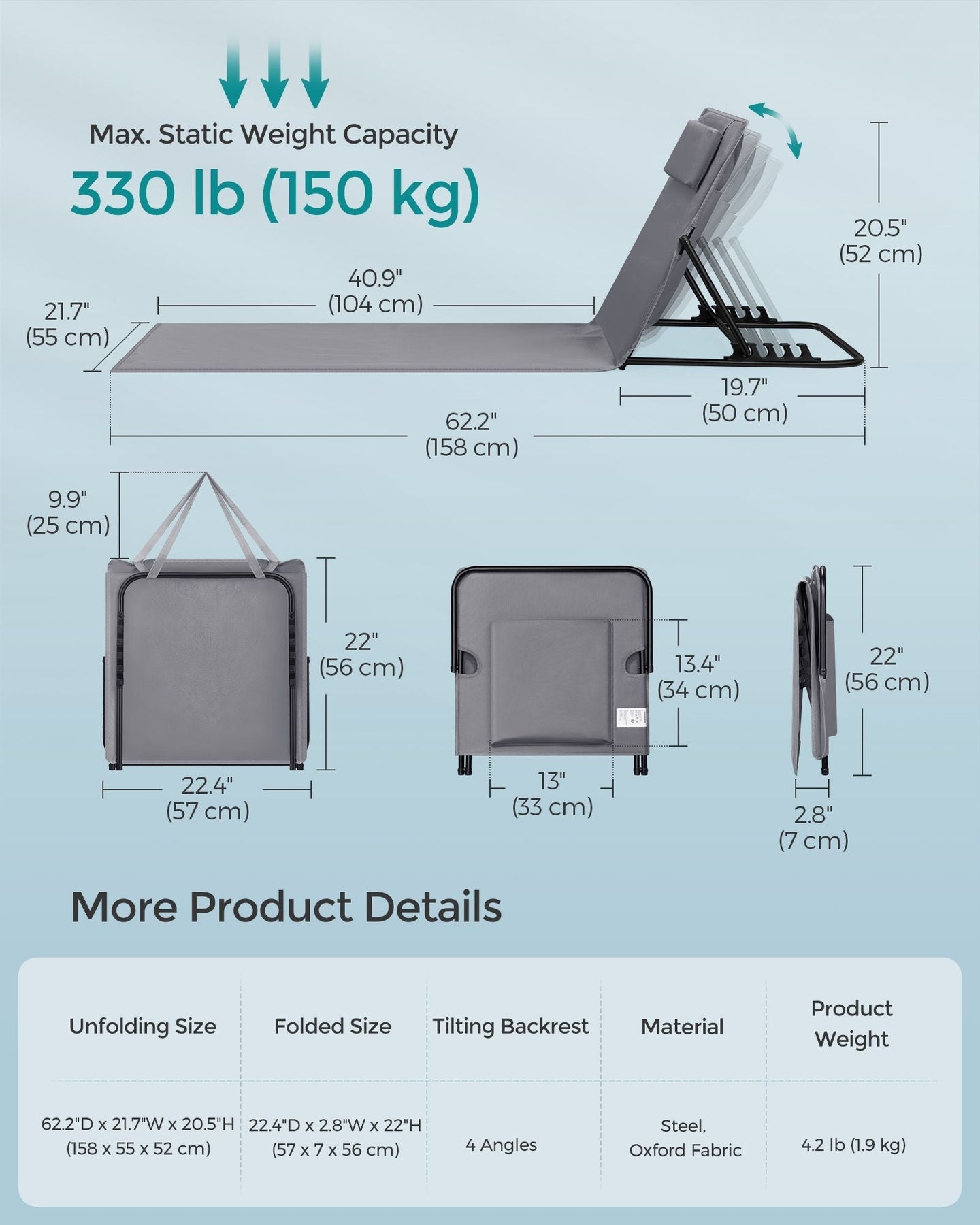 Folding Beach Sunlounger - Lightweight Fabric - Slate Grey - Portable with Reclining Backrest and Handle