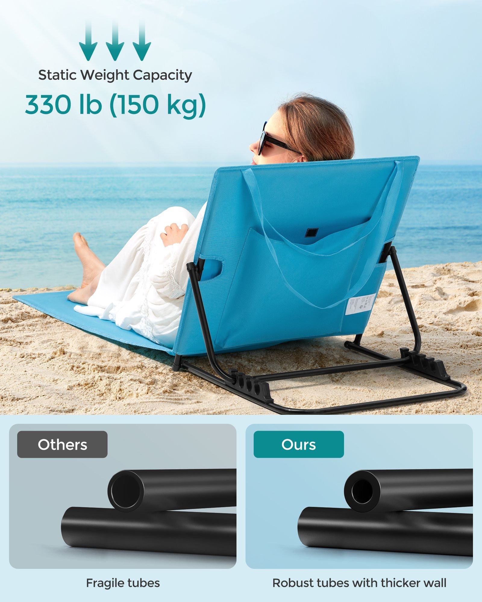 Folding Beach Sunlounger - Fabric - Sky Blue - Lightweight with Reclining Backrest and Handle