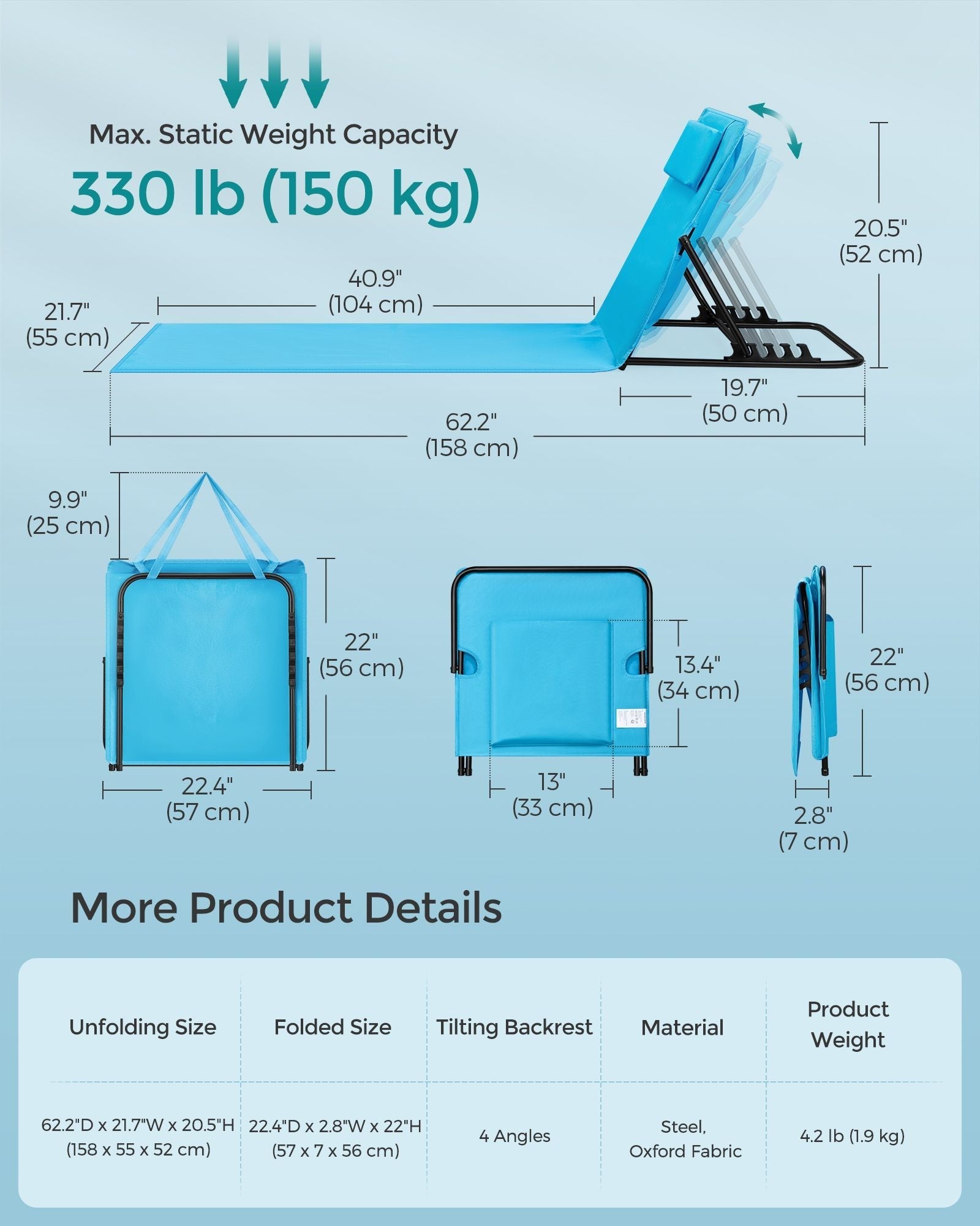 Folding Beach Sunlounger - Fabric - Sky Blue - Lightweight with Reclining Backrest and Handle
