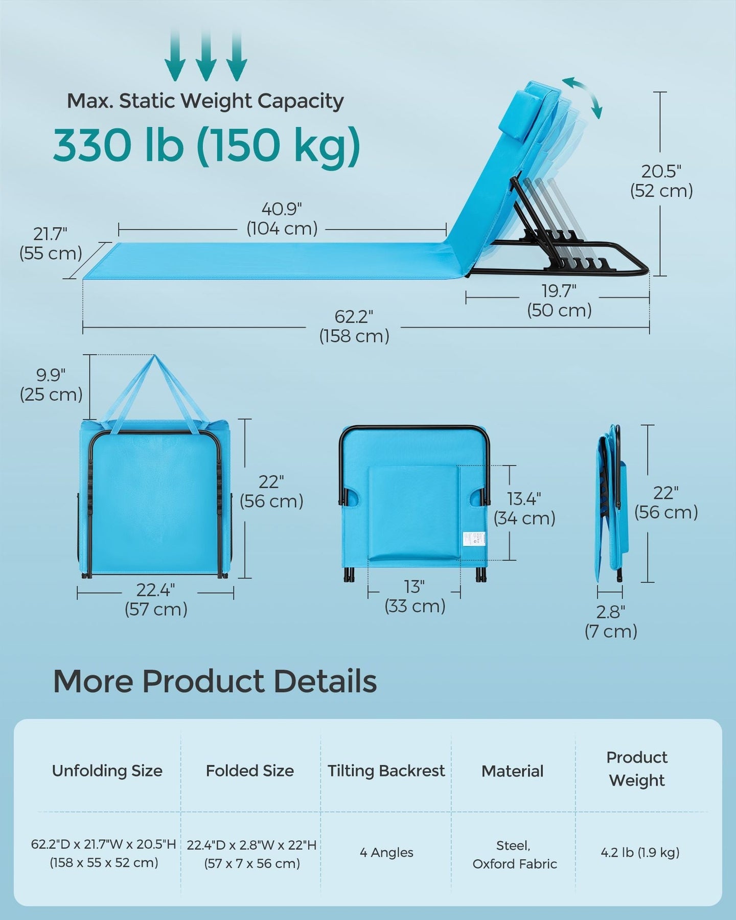 Folding Beach Sunlounger - Fabric - Sky Blue - Lightweight with Reclining Backrest and Handle
