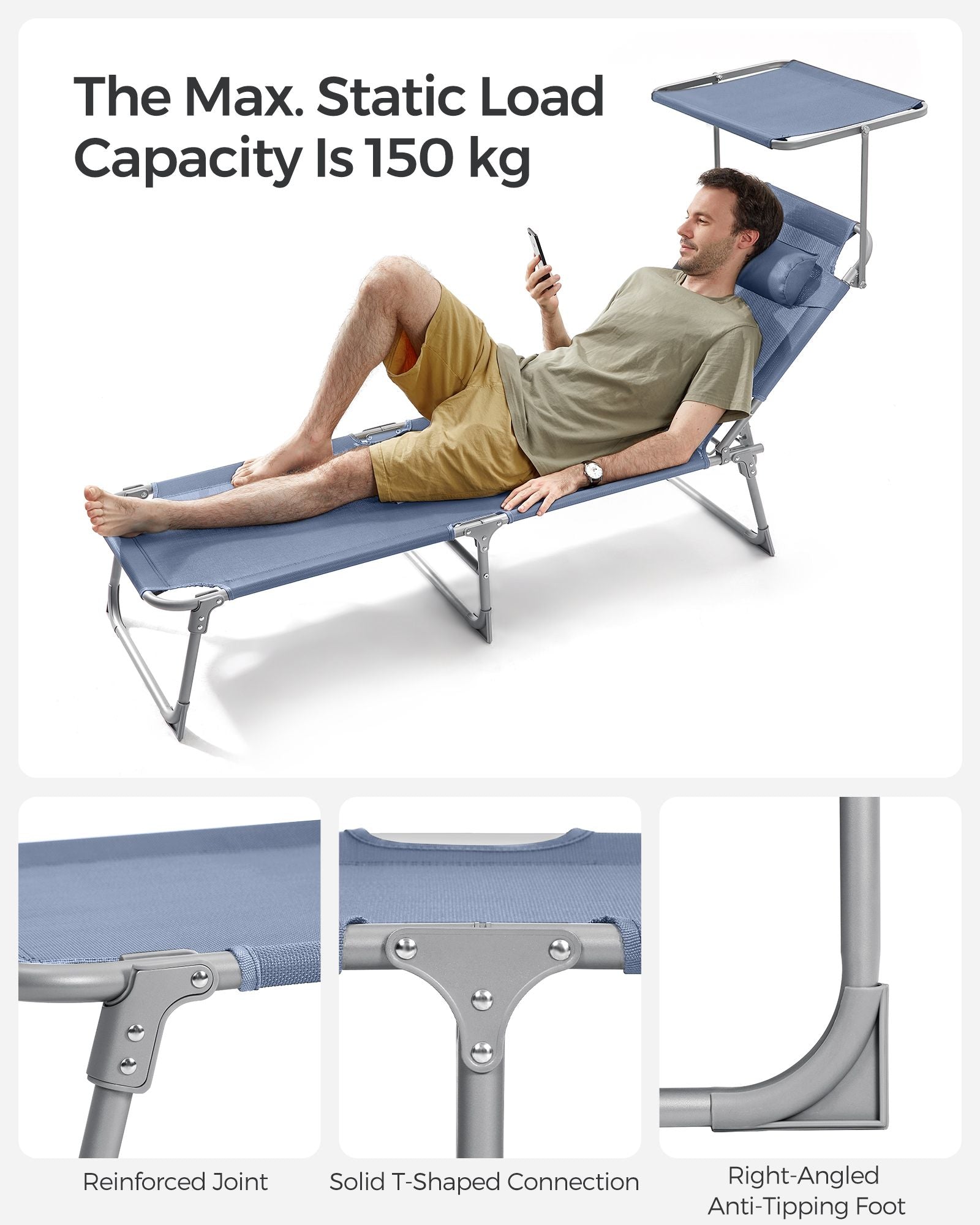 Sun Lounger - Fabric - Blue - Adjustable Backrest