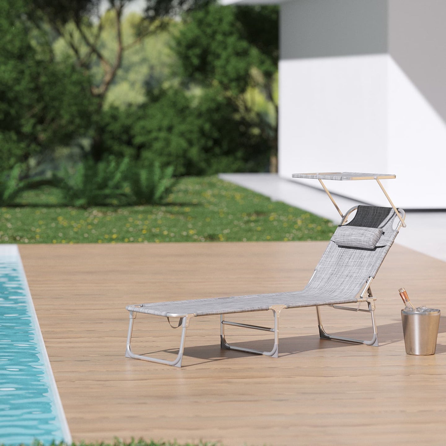 Folding Sun Lounger - Fabric - Dark Gray - Adjustable Backrest with Sunshade