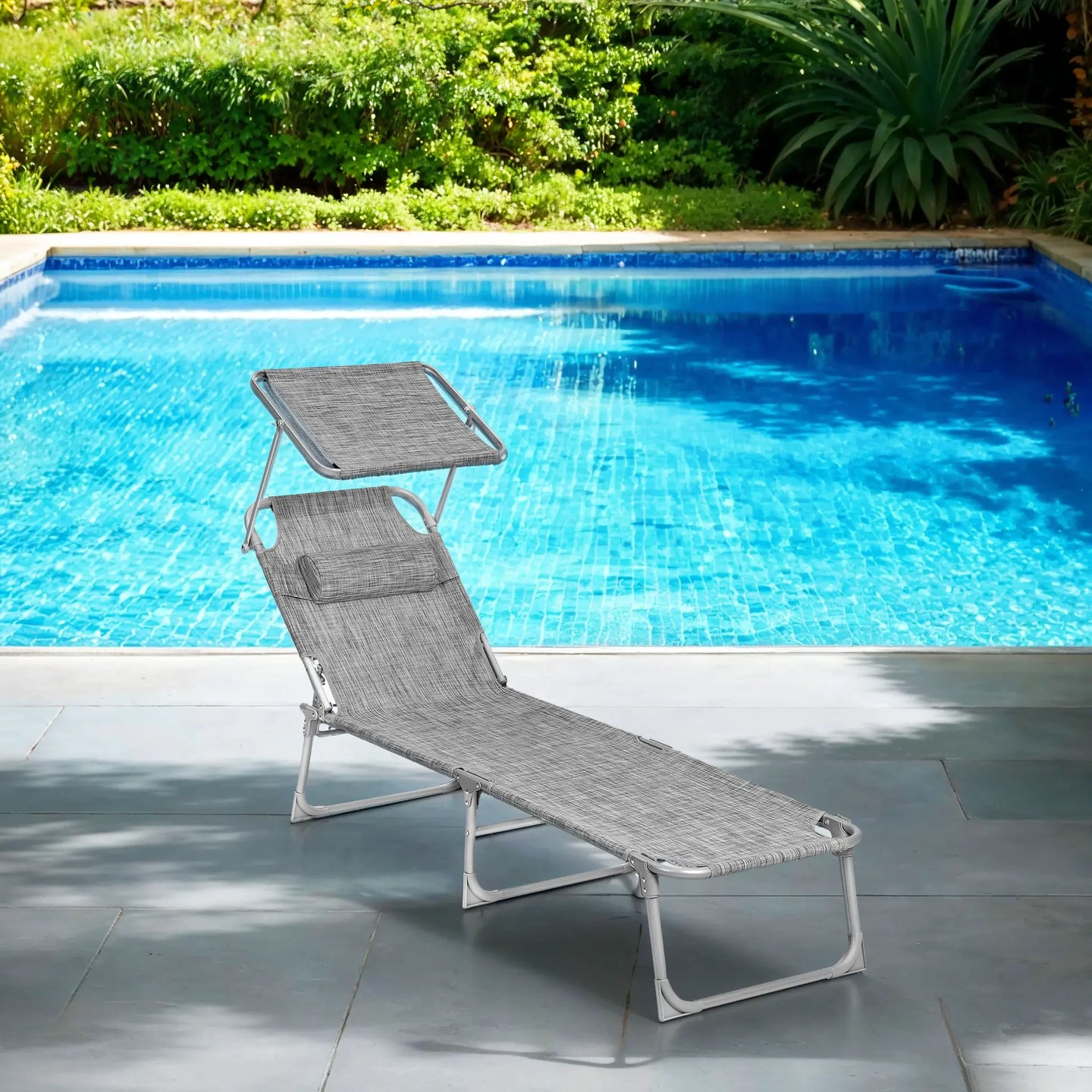 Folding Sun Lounger - Fabric - Dark Gray - Adjustable Backrest with Sunshade