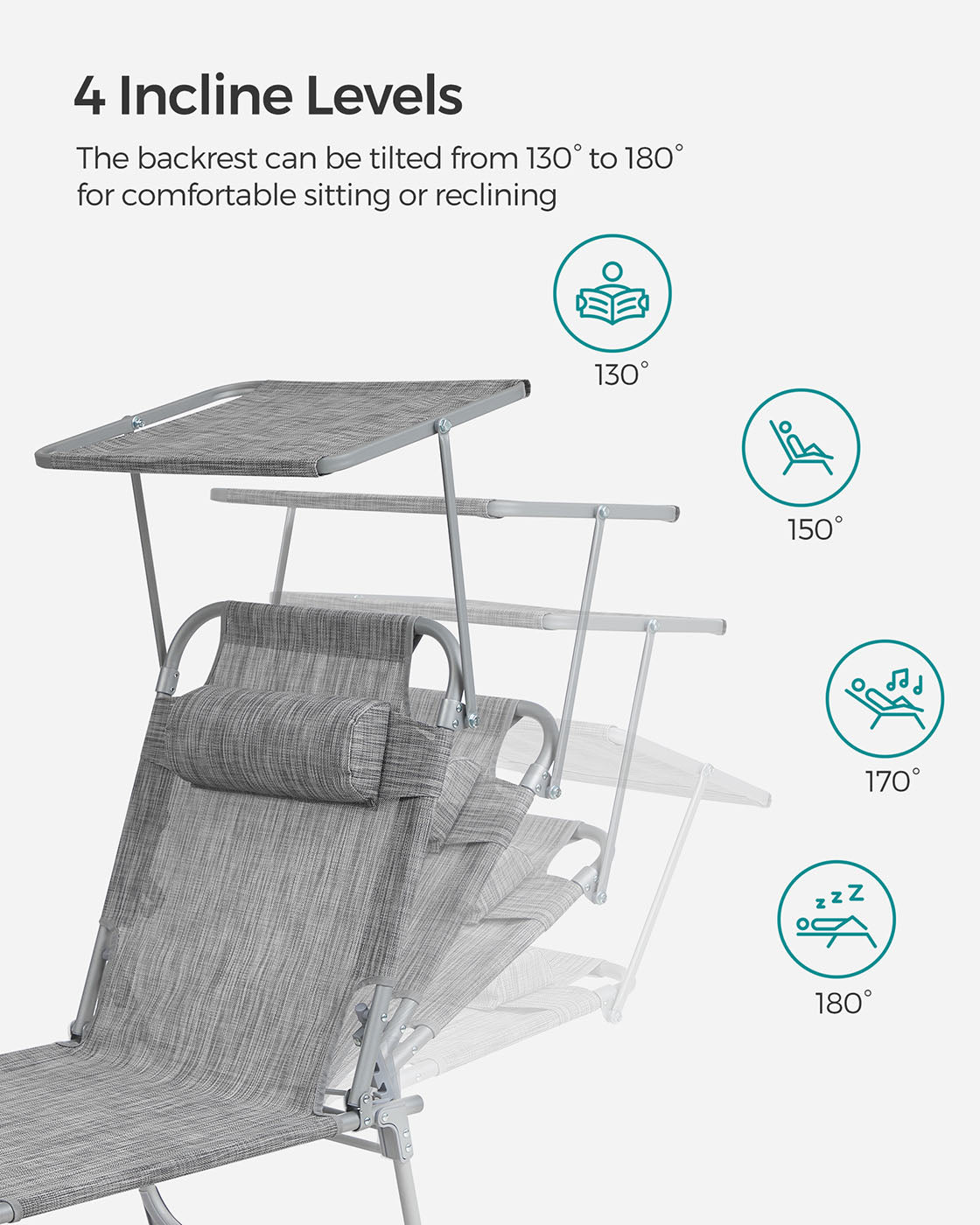Lightweight Sun Lounger - Fabric - Dark Grey - Adjustable Backrest with Headrest and Sunshade