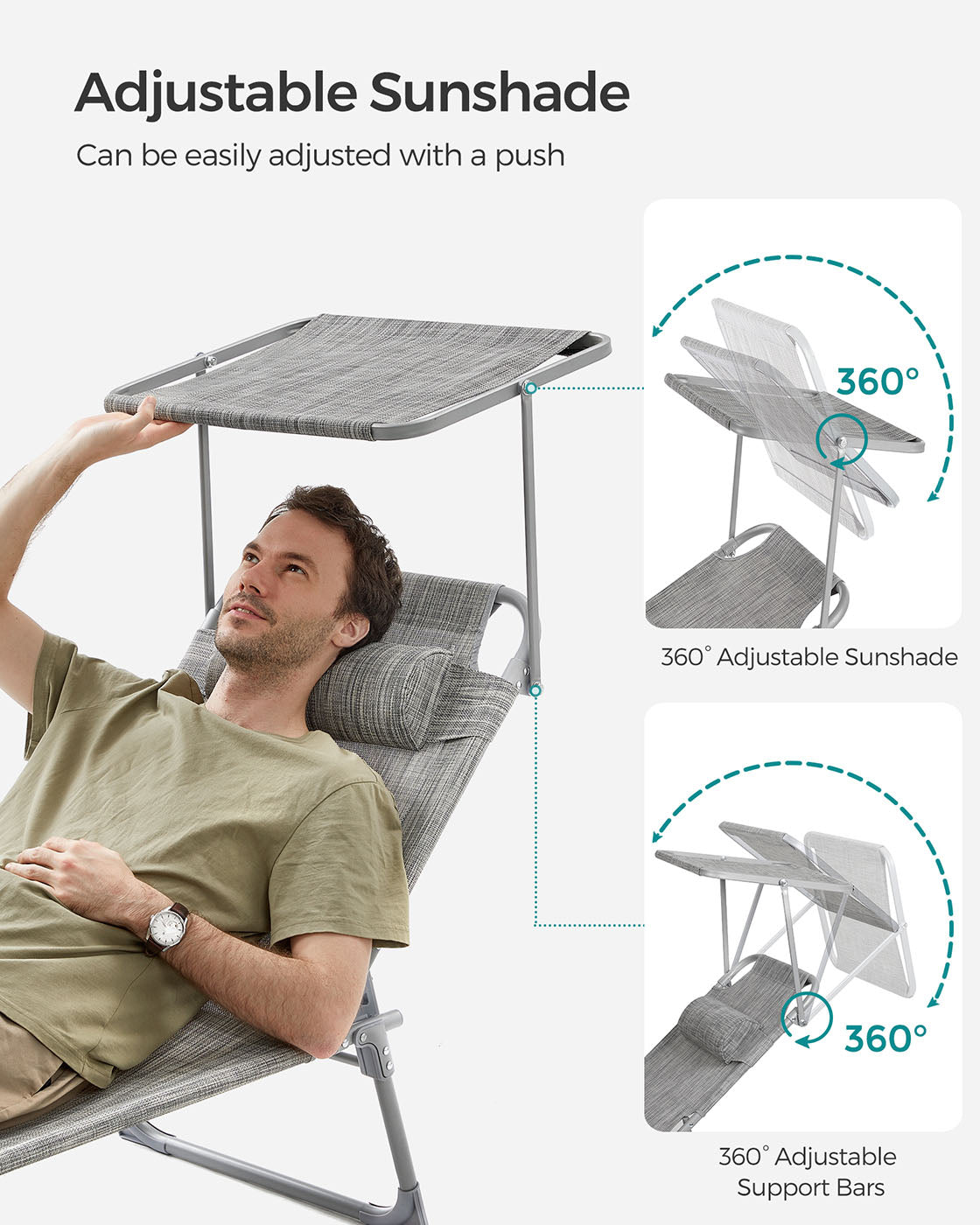 Lightweight Sun Lounger - Fabric - Dark Grey - Adjustable Backrest with Headrest and Sunshade