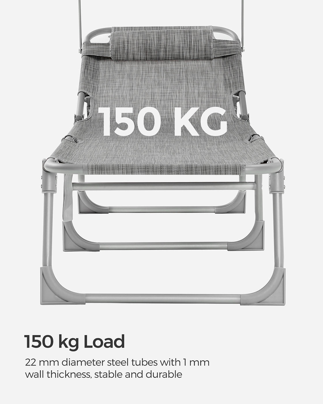 Lightweight Sun Lounger - Fabric - Dark Grey - Adjustable Backrest with Headrest and Sunshade