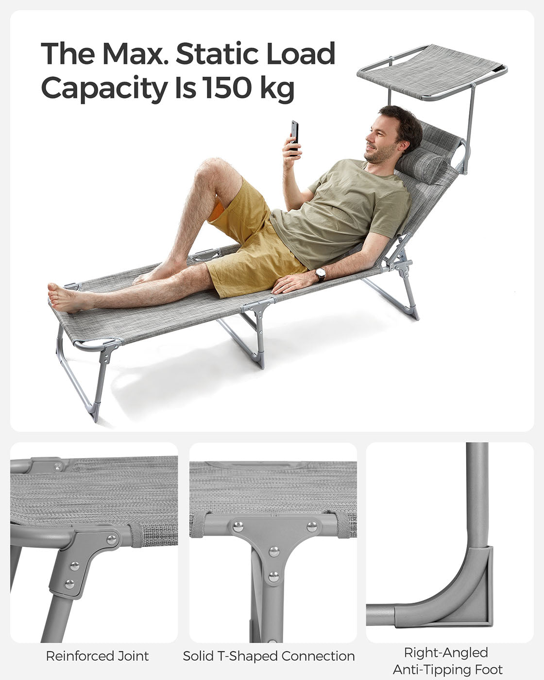 Lightweight Sun Lounger - Fabric - Dark Grey - Adjustable Backrest with Headrest and Sunshade