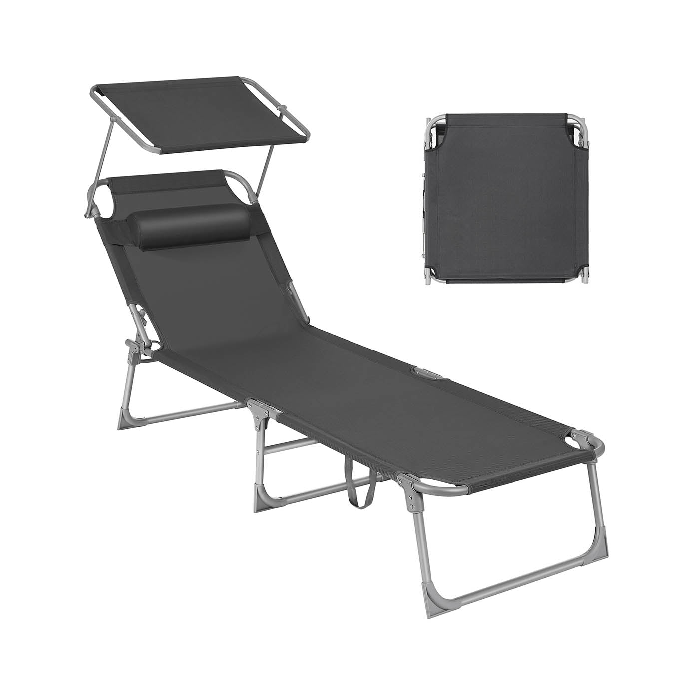 Sun Lounger - Fabric - Dark Grey - Adjustable Backrest with Headrest and Sunshade