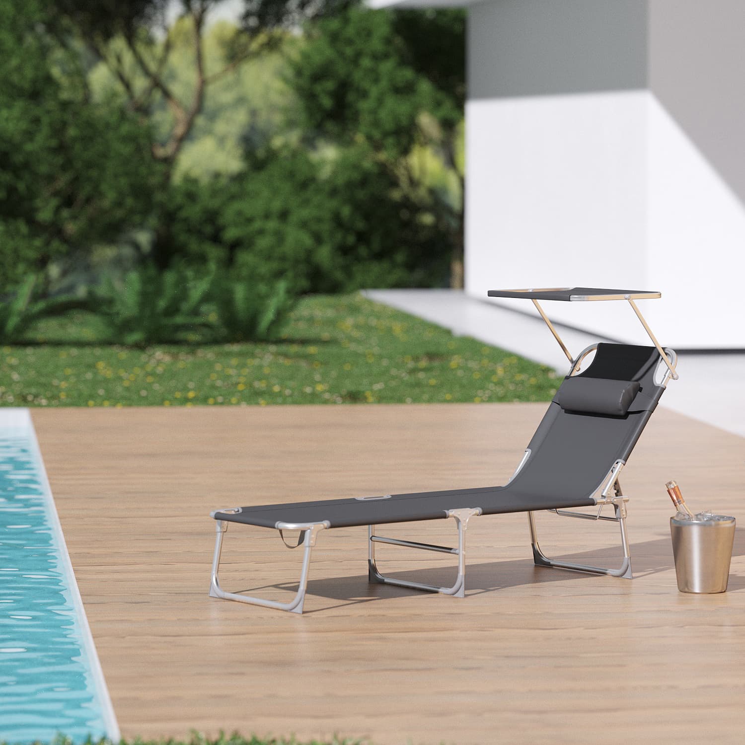 Folding Sun Lounger - Fabric - Dark Gray - Adjustable Backrest with Sunshade