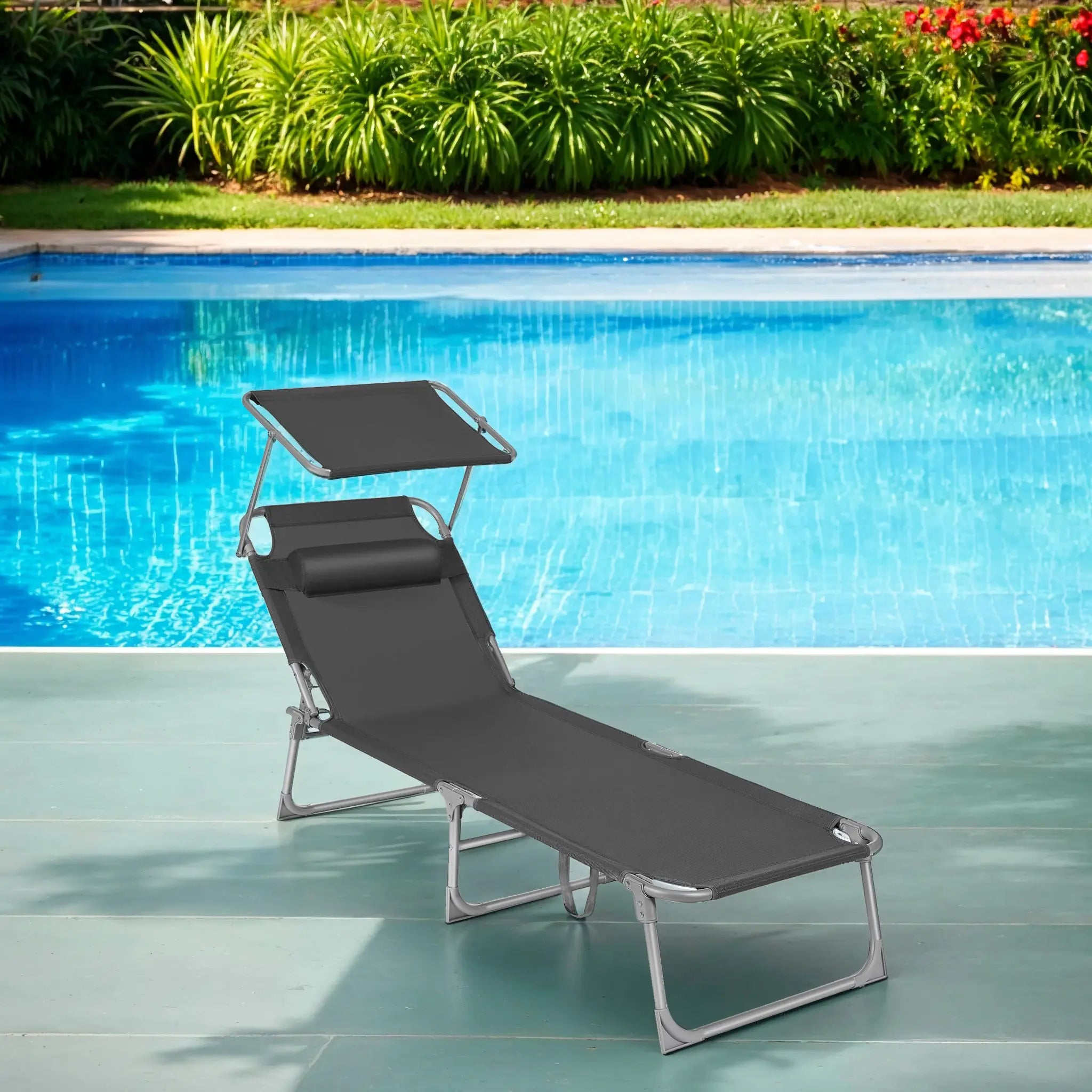 Folding Sun Lounger - Fabric - Dark Gray - Adjustable Backrest with Sunshade