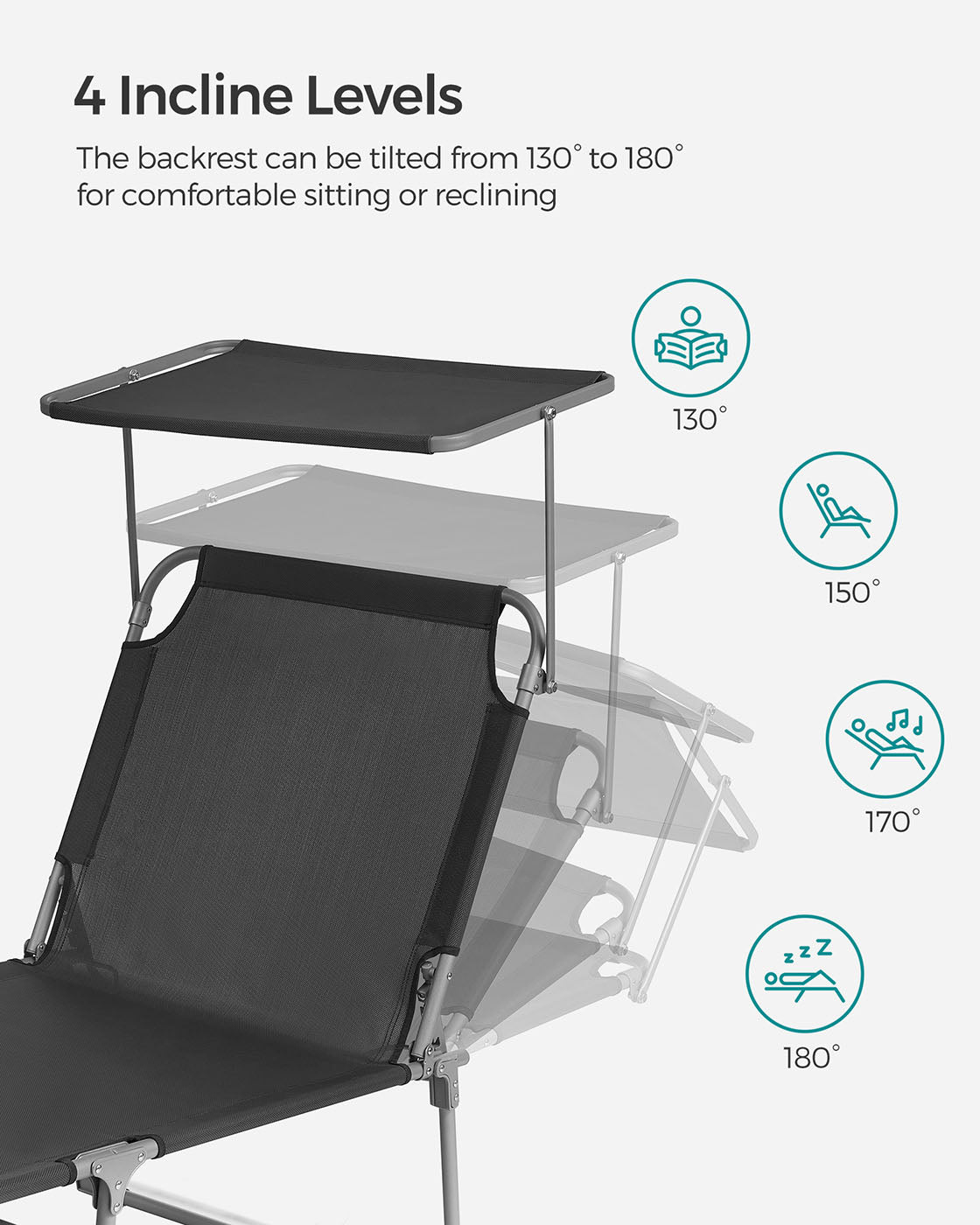 Sun Lounger - Fabric - Dark Grey - Adjustable Backrest with Headrest and Sunshade