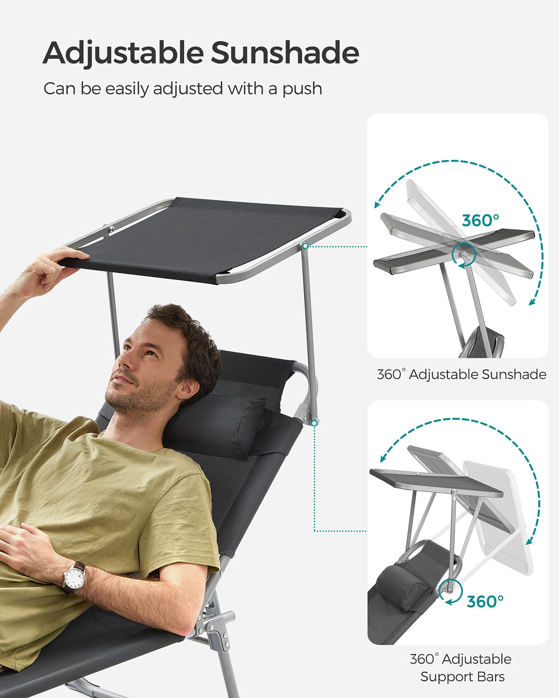 Sun Lounger - Fabric - Dark Grey - Adjustable Backrest with Headrest and Sunshade