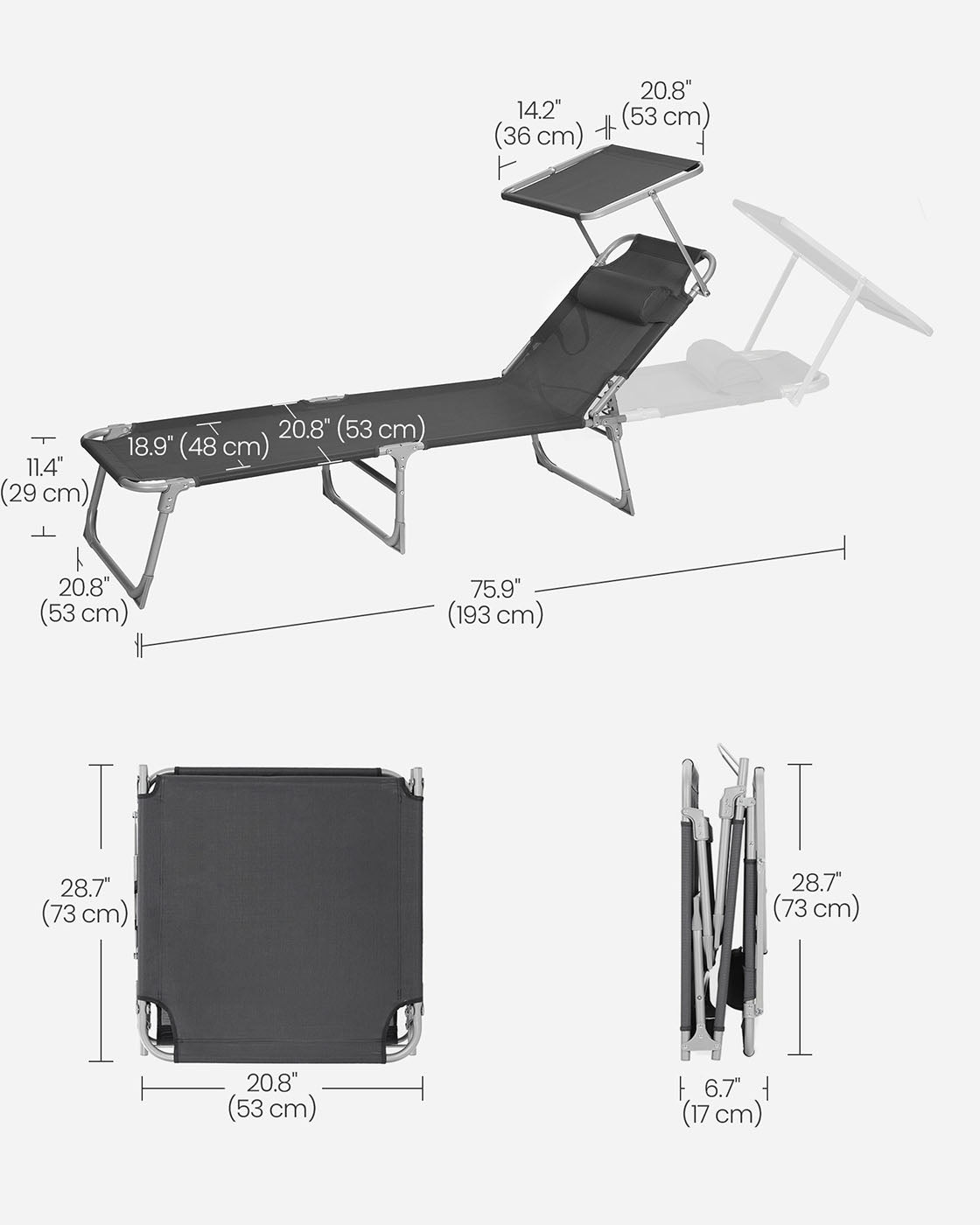 Sun Lounger - Fabric - Dark Grey - Adjustable Backrest with Headrest and Sunshade
