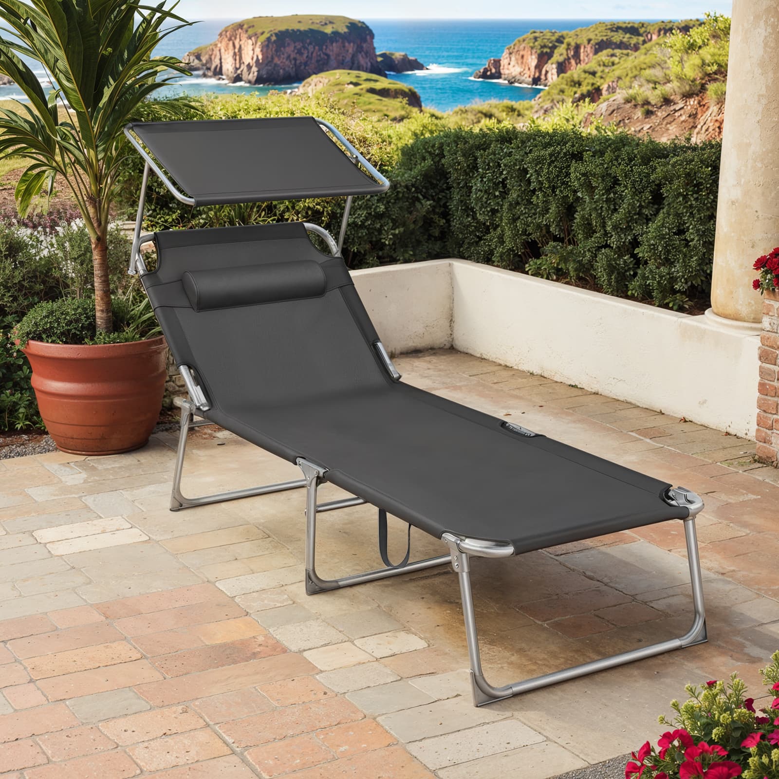 Sun Lounger - Fabric - Anthracite Grey - Folding Design with Adjustable Backrest and Sunshade Headrest