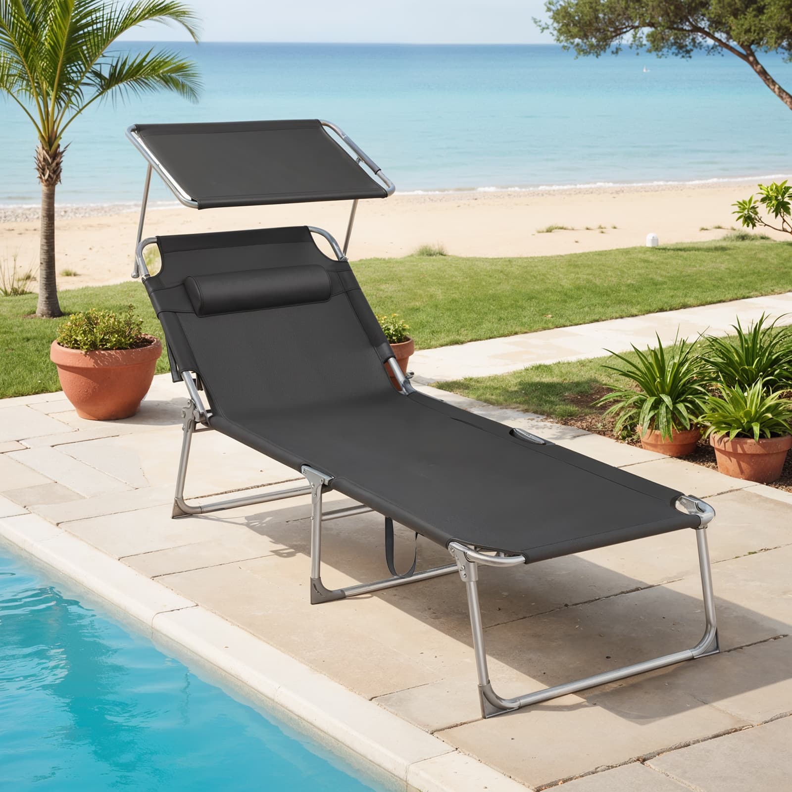 Sun Lounger - Fabric - Anthracite Grey - Folding Design with Adjustable Backrest and Sunshade Headrest