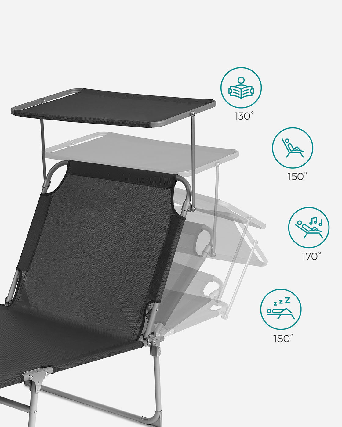 Sun Lounger - Fabric - Smoky Grey - Adjustable with Pillow and Sunshade
