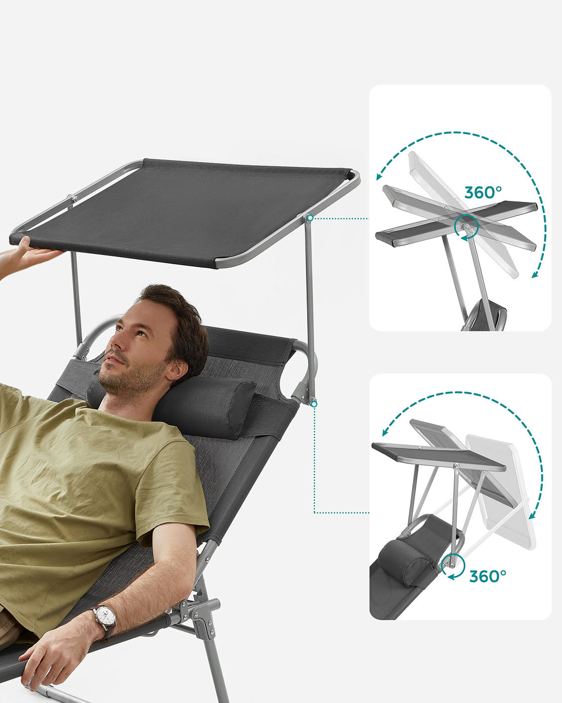 Sun Lounger - Fabric - Smoky Grey - Adjustable with Pillow and Sunshade