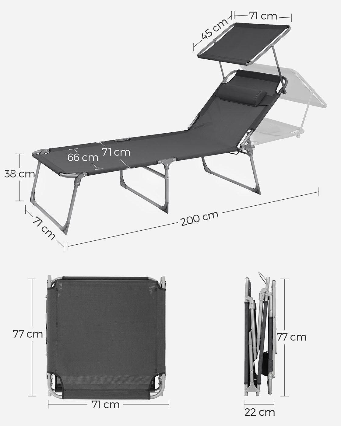 Sun Lounger - Fabric - Smoky Grey - Adjustable with Pillow and Sunshade