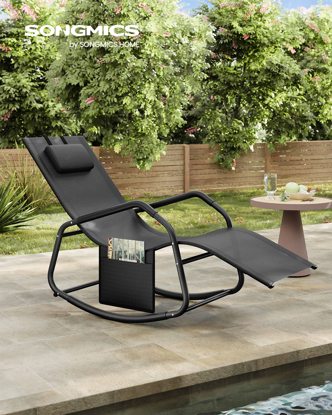 Outdoor Lounger Recliner - Steel Frame - Ink Black - Adjustable Headrest with Anti-Tipping Stops