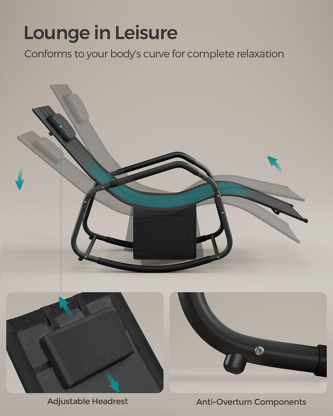 Outdoor Lounger Recliner - Steel Frame - Ink Black - Adjustable Headrest with Anti-Tipping Stops