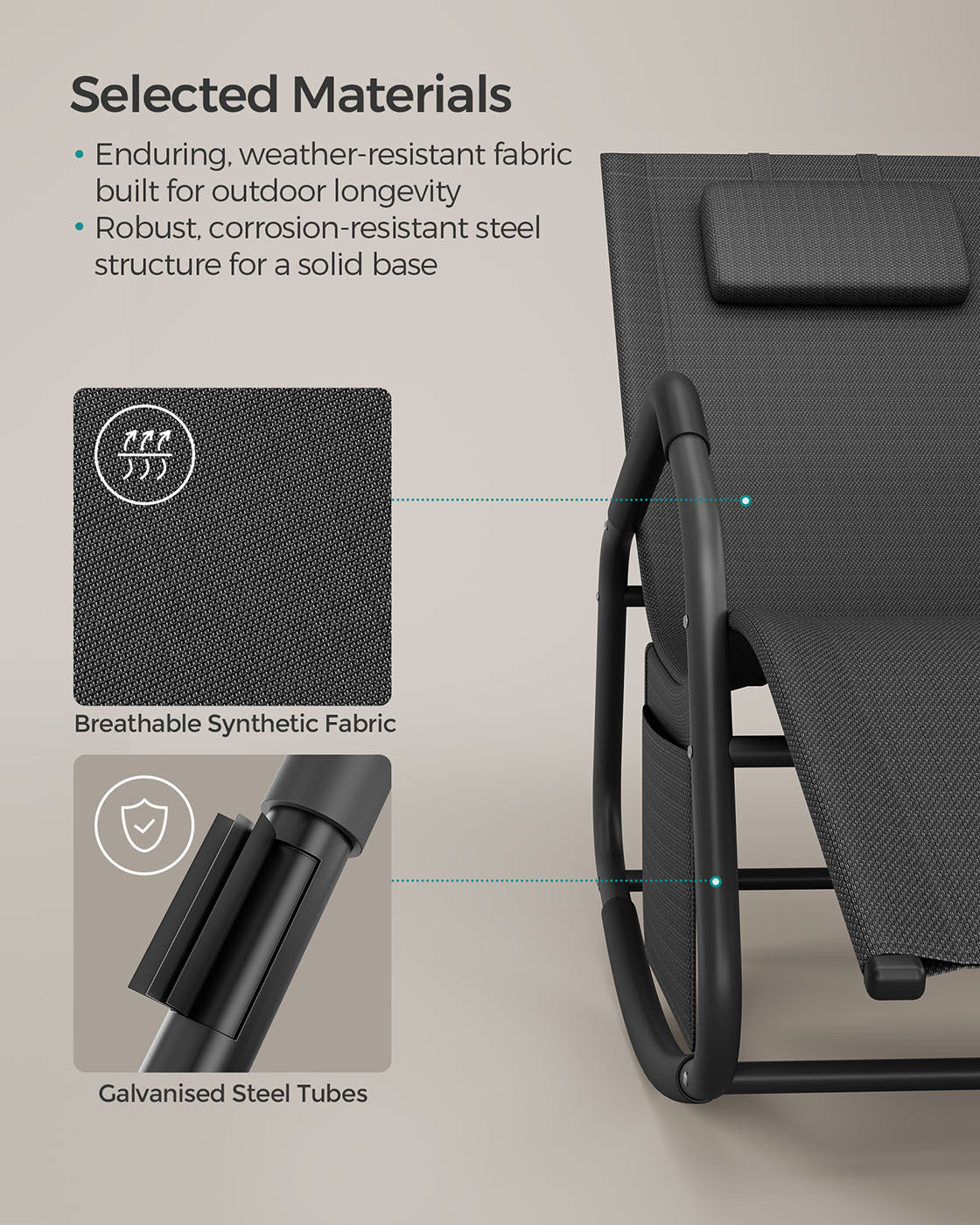Outdoor Lounger Recliner - Steel Frame - Ink Black - Adjustable Headrest with Anti-Tipping Stops