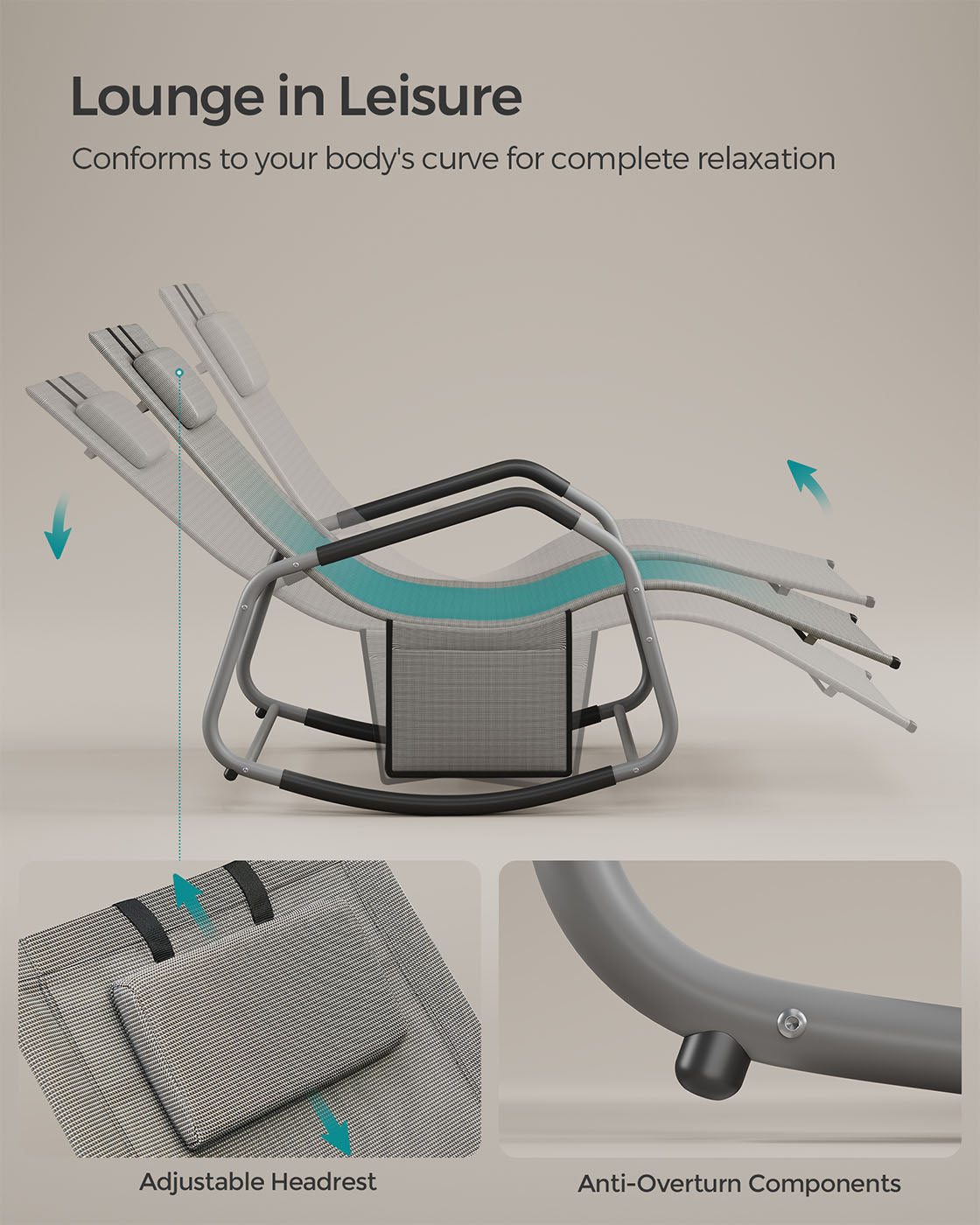 Outdoor Lounger Recliner - Steel Frame - Dove Grey - Adjustable Headrest with Anti-Tipping Stops