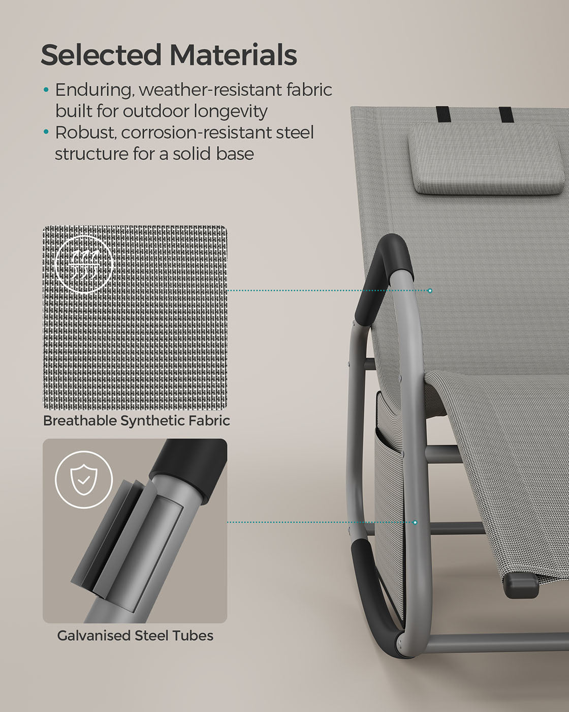 Outdoor Lounger Recliner - Steel Frame - Dove Grey - Adjustable Headrest with Anti-Tipping Stops