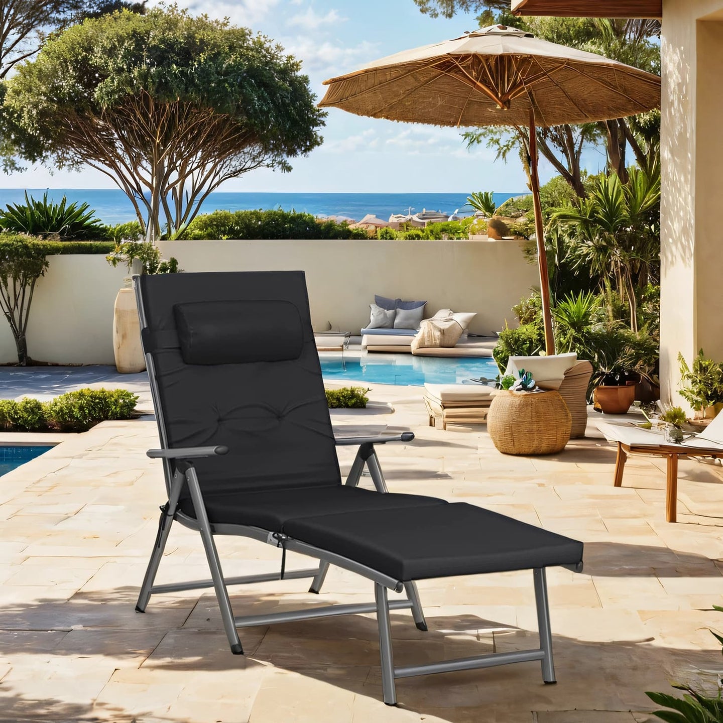 Folding Sun Lounger - Aluminium - Black - Adjustable with 6 cm Thick Mattress
