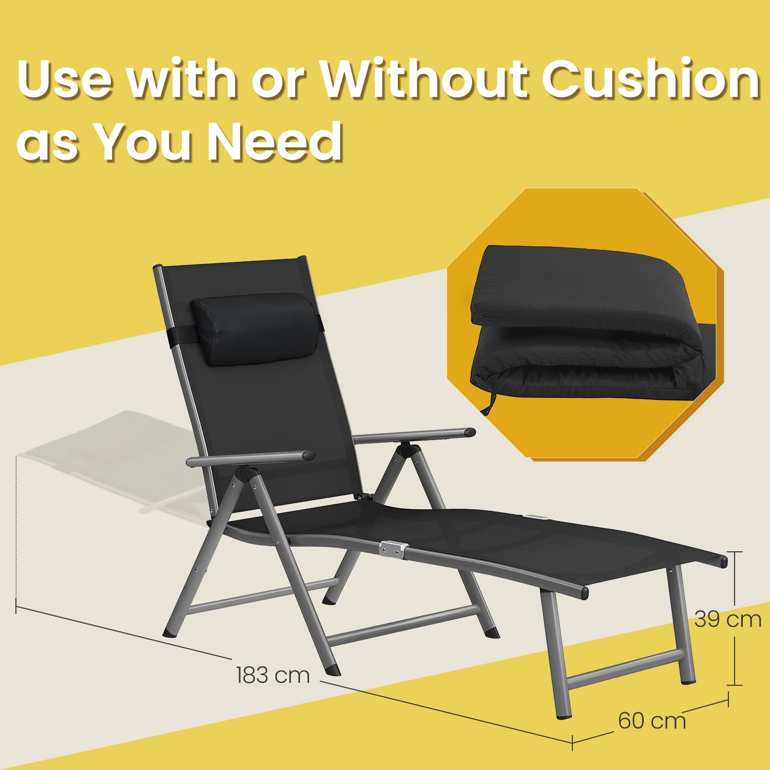 Folding Sun Lounger - Aluminium - Black - Adjustable with 6 cm Thick Mattress