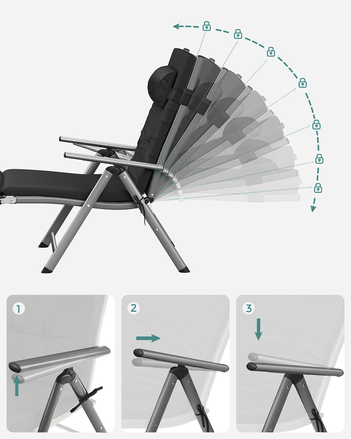 Sun Lounger - Aluminium - Black - Removable Headrest
