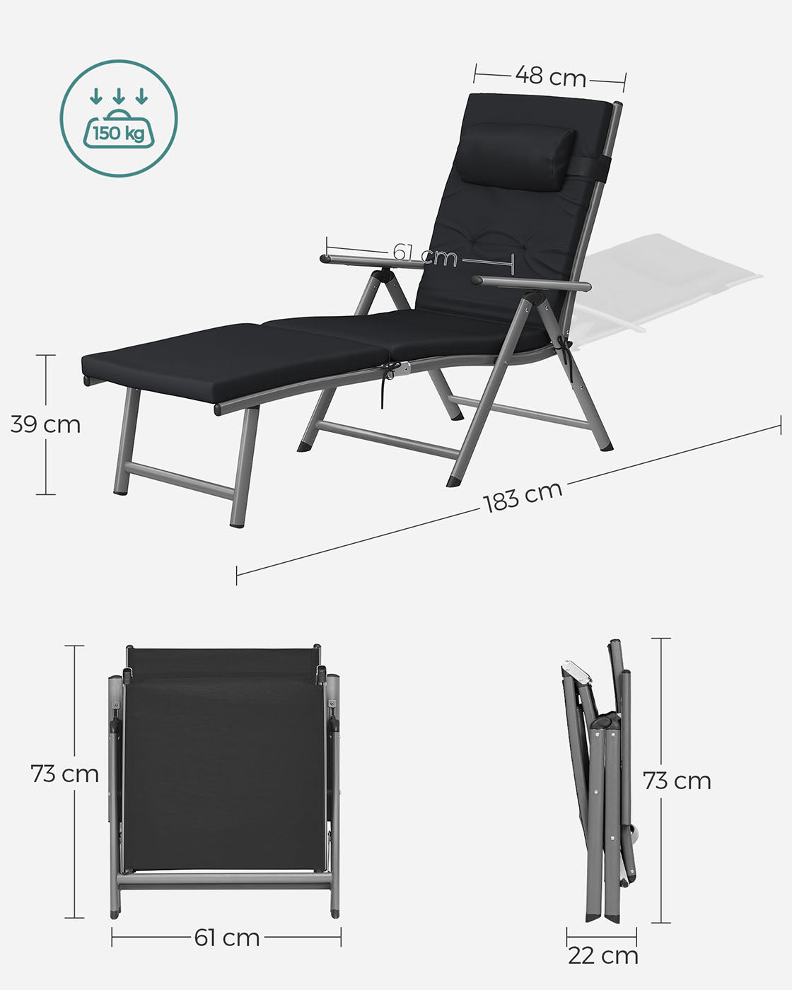 Sun Lounger - Aluminium - Black - Removable Headrest
