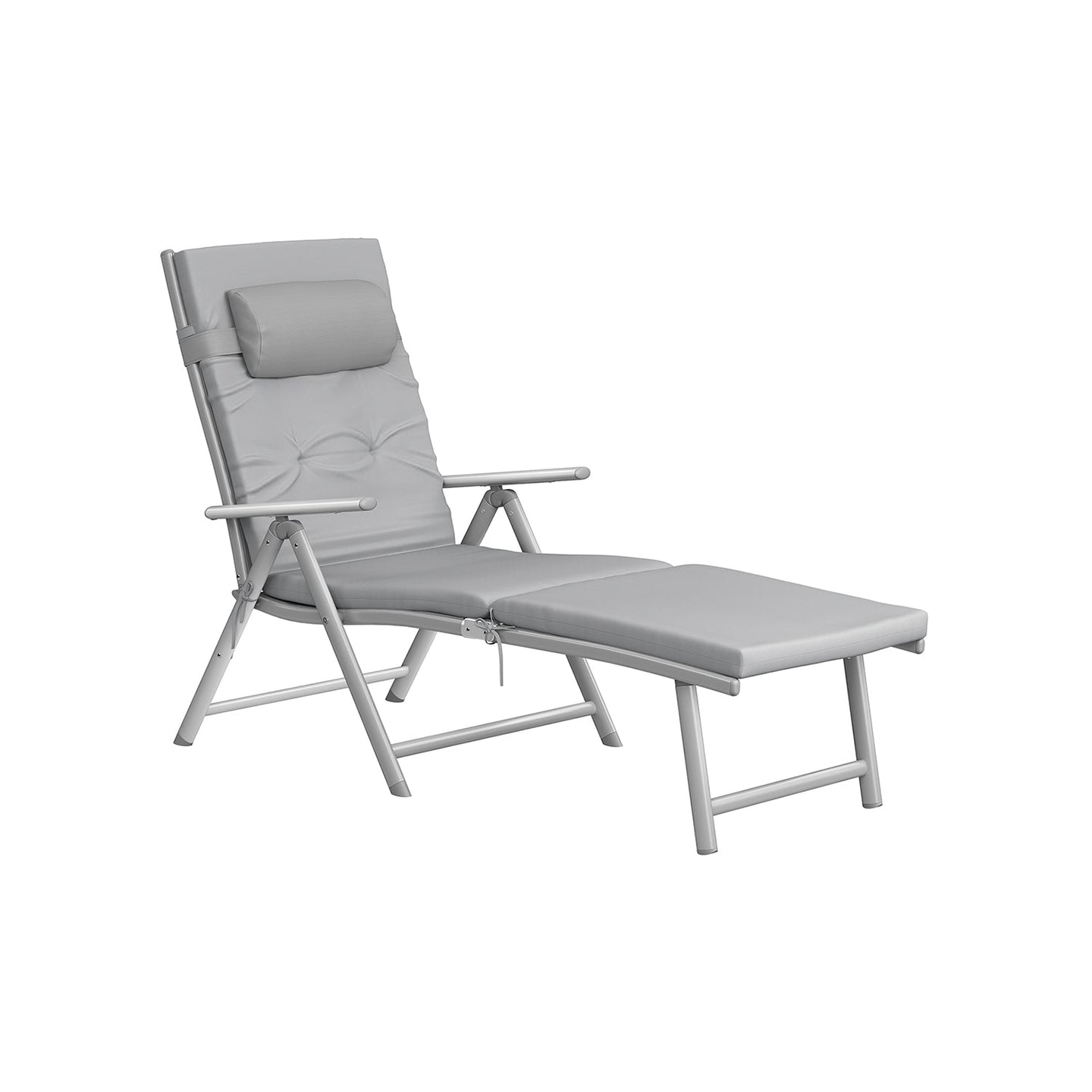Foldable Sun Lounger - Aluminium - Comfortable Grey - Adjustable with Removable Pillow and 6 cm Thick Mattress