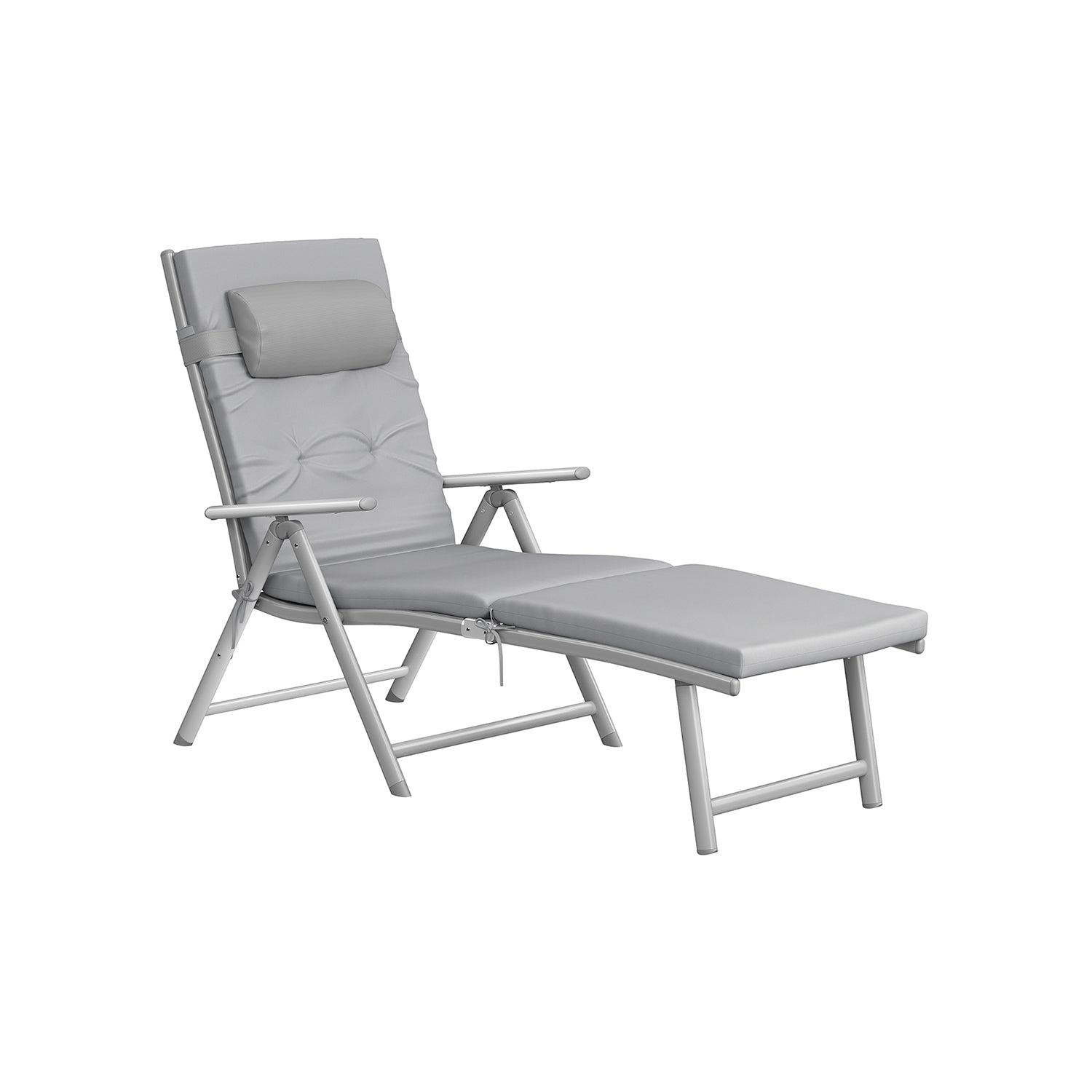 Foldable Sun Lounger - Aluminium - Comfortable Grey - Adjustable with Removable Pillow and 6 cm Thick Mattress