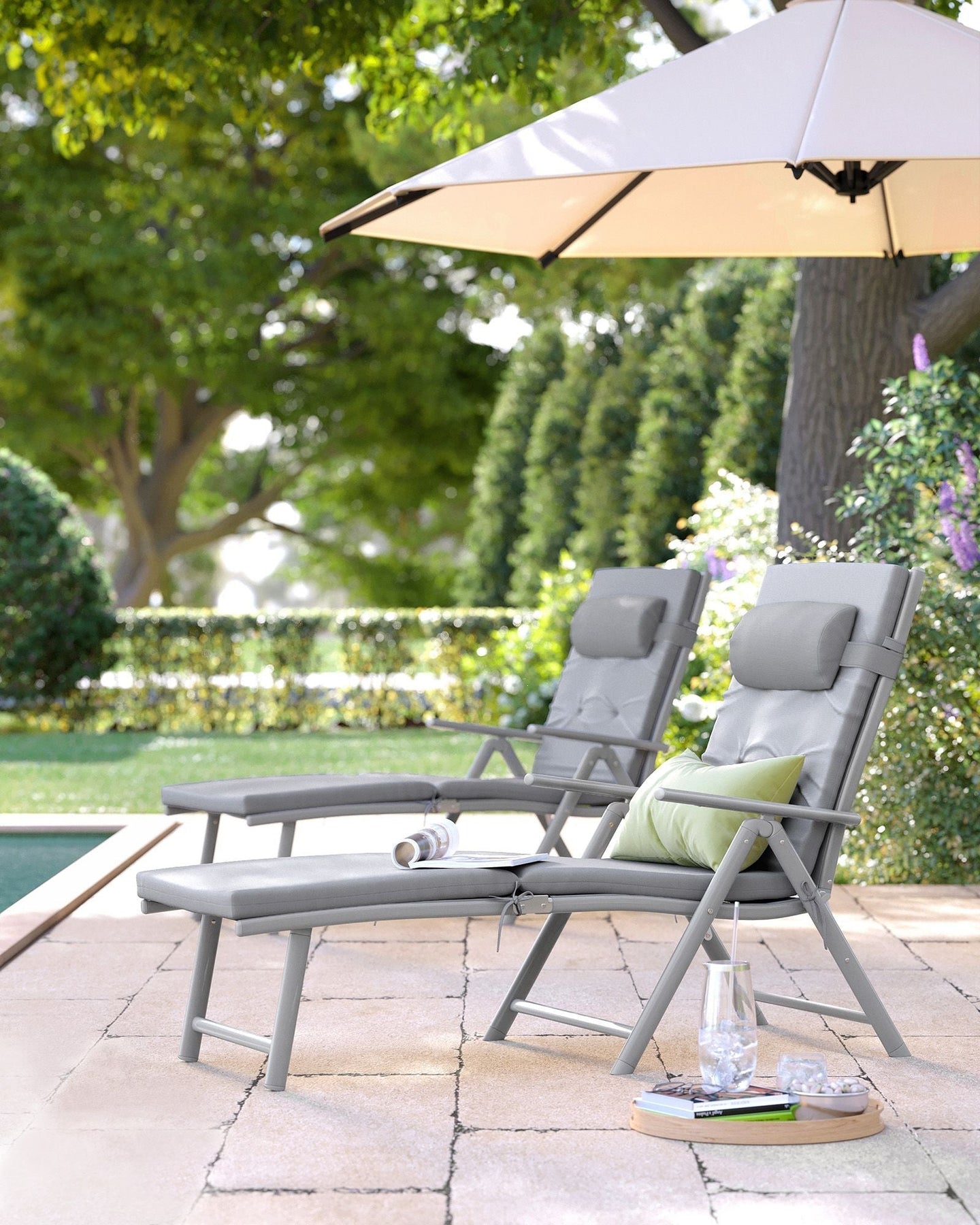 Foldable Sun Lounger - Aluminium - Comfortable Grey - Adjustable with Removable Pillow and 6 cm Thick Mattress