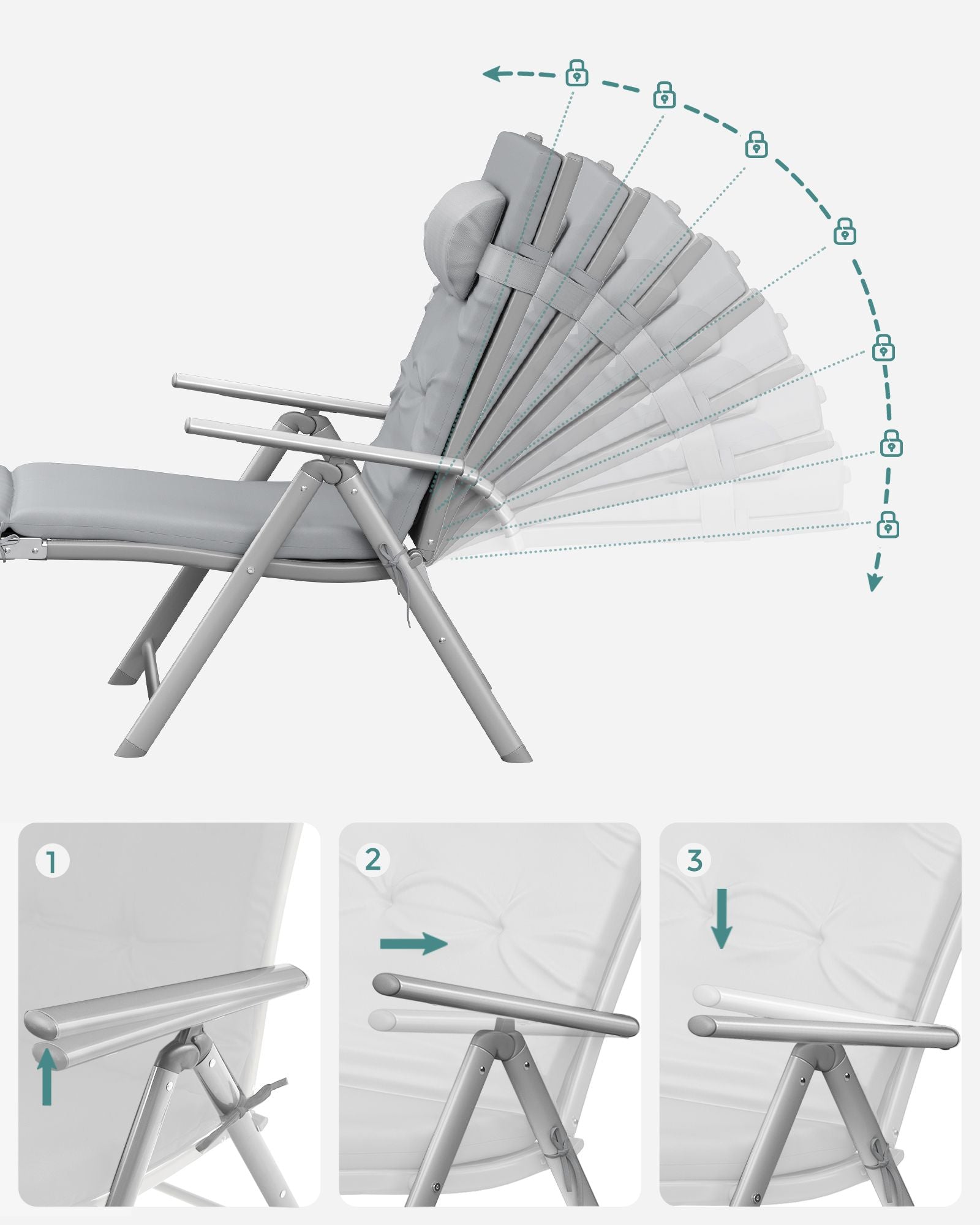Foldable Sun Lounger - Aluminium - Comfortable Grey - Adjustable with Removable Pillow and 6 cm Thick Mattress