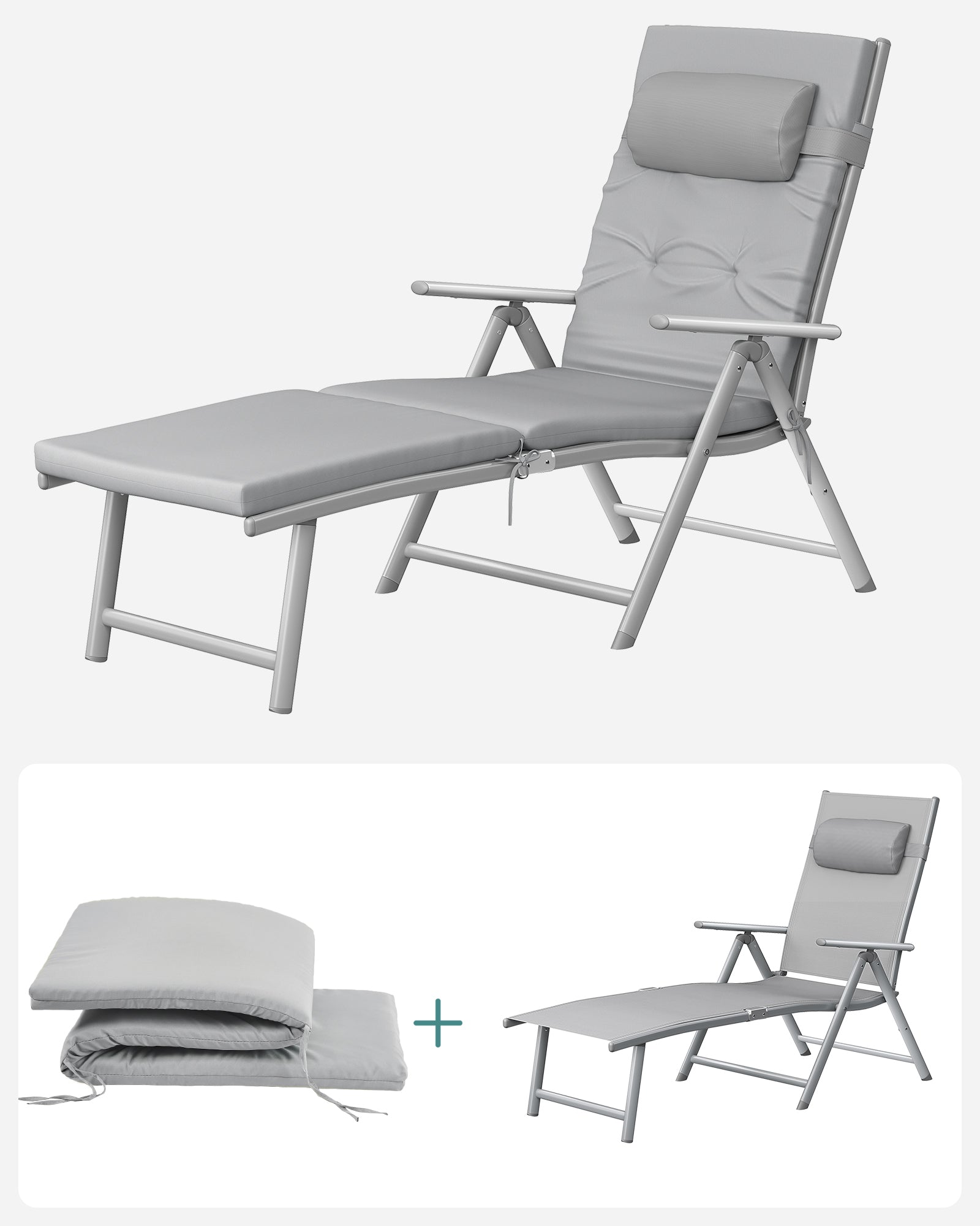 Foldable Sun Lounger - Aluminium - Comfortable Grey - Adjustable with Removable Pillow and 6 cm Thick Mattress