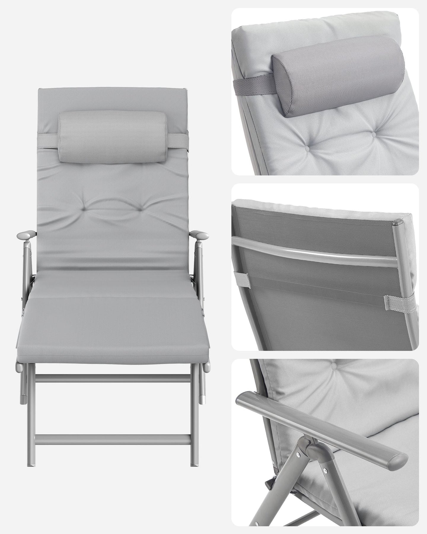 Foldable Sun Lounger - Aluminium - Comfortable Grey - Adjustable with Removable Pillow and 6 cm Thick Mattress