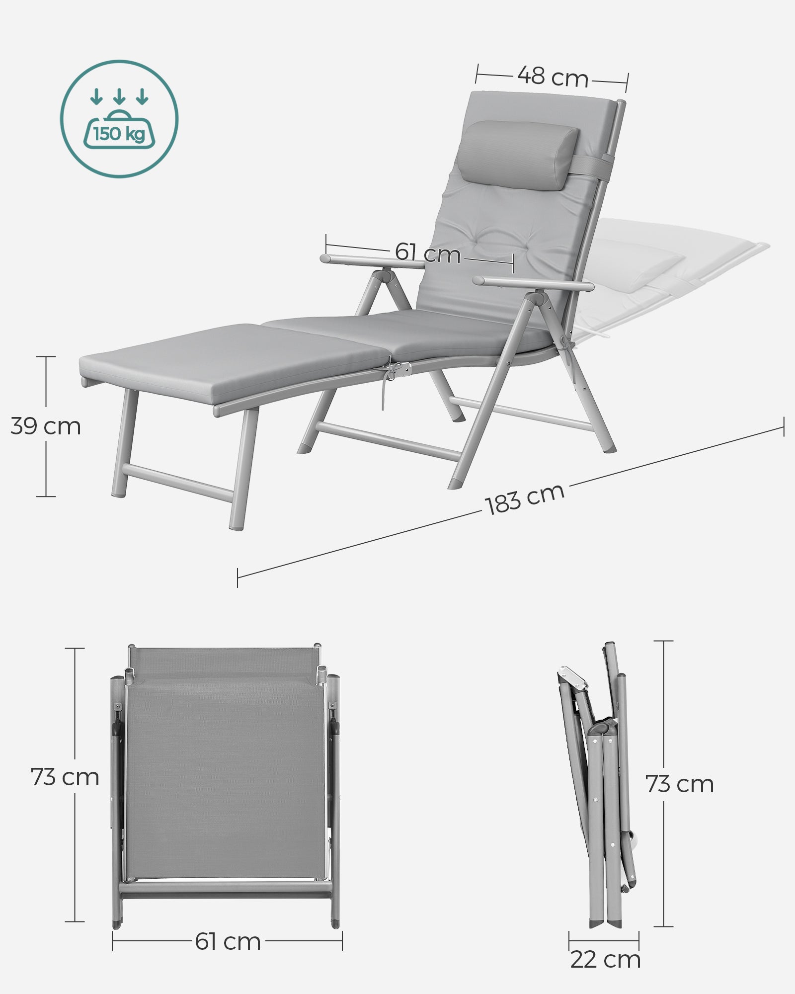 Foldable Sun Lounger - Aluminium - Comfortable Grey - Adjustable with Removable Pillow and 6 cm Thick Mattress