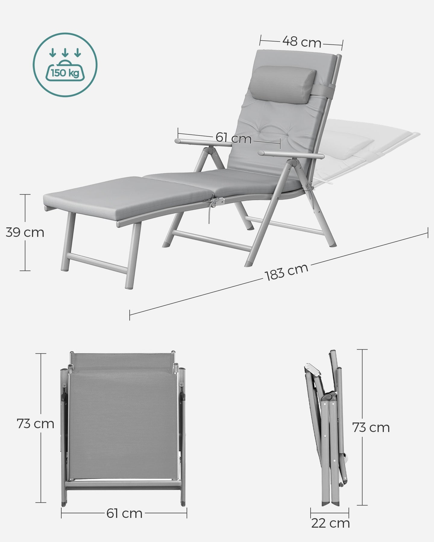 Foldable Sun Lounger - Aluminium - Comfortable Grey - Adjustable with Removable Pillow and 6 cm Thick Mattress
